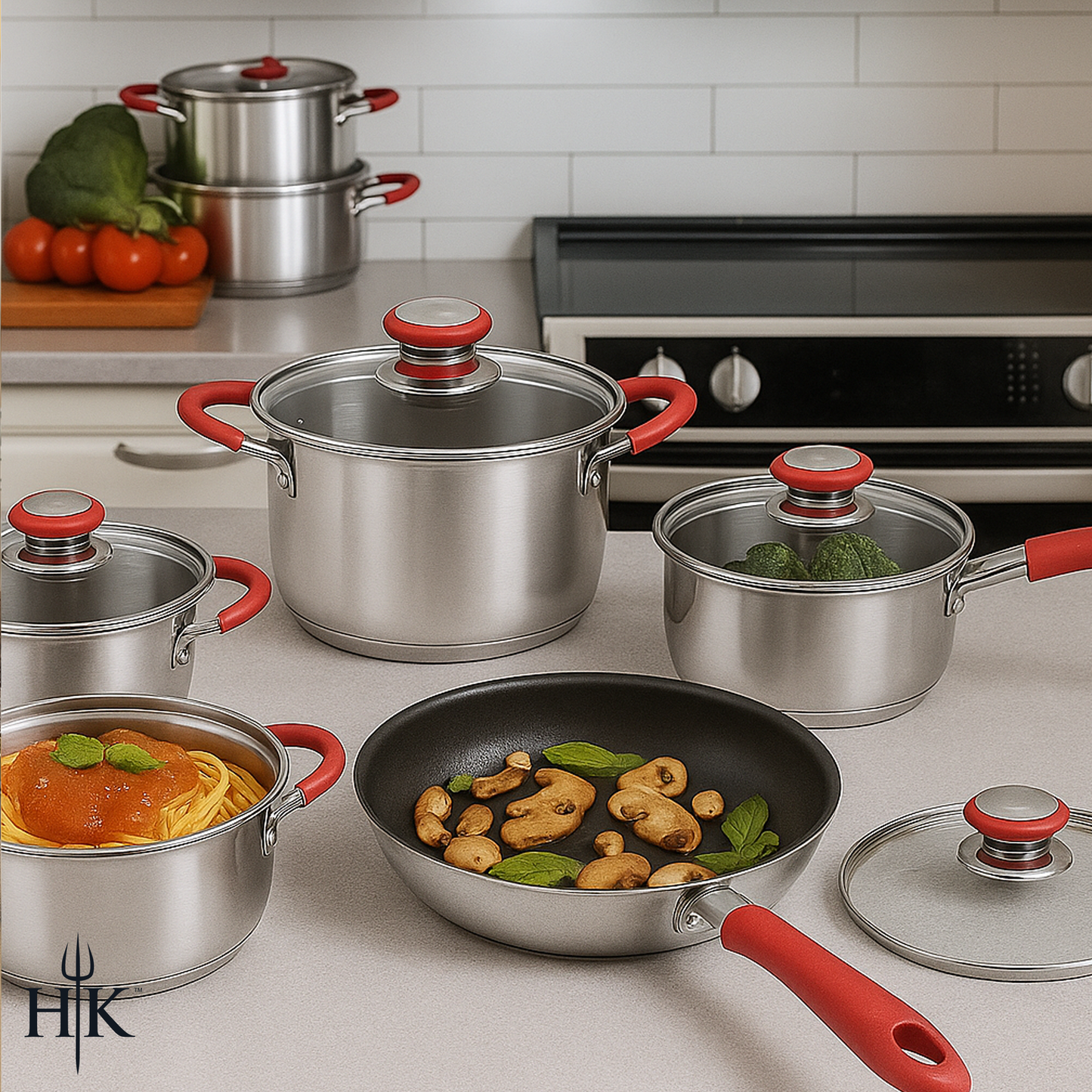 Hell's Kitchen 10-Piece Stainless Steel Cookware Set - Red