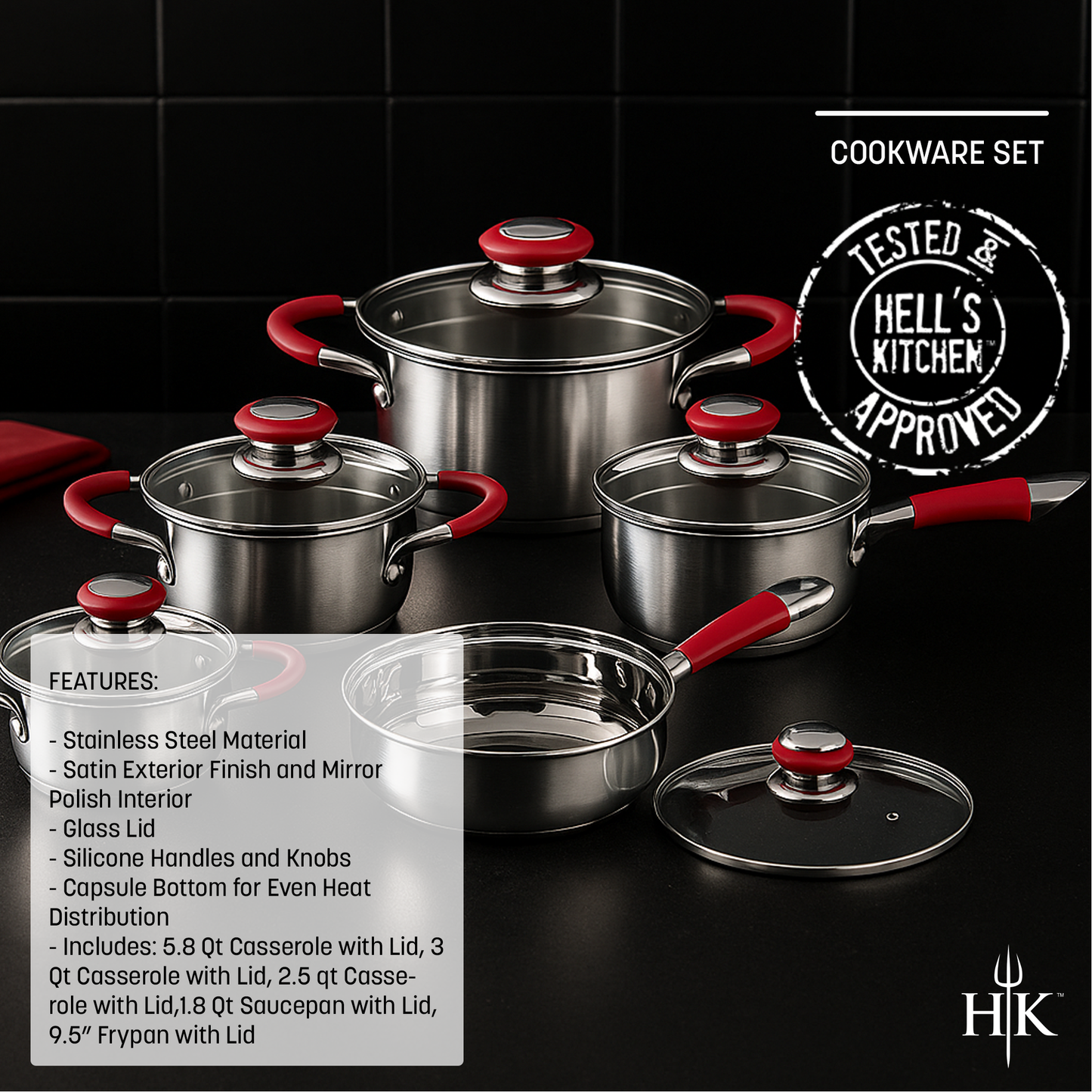 Hell's Kitchen 10-Piece Stainless Steel Cookware Set - Red