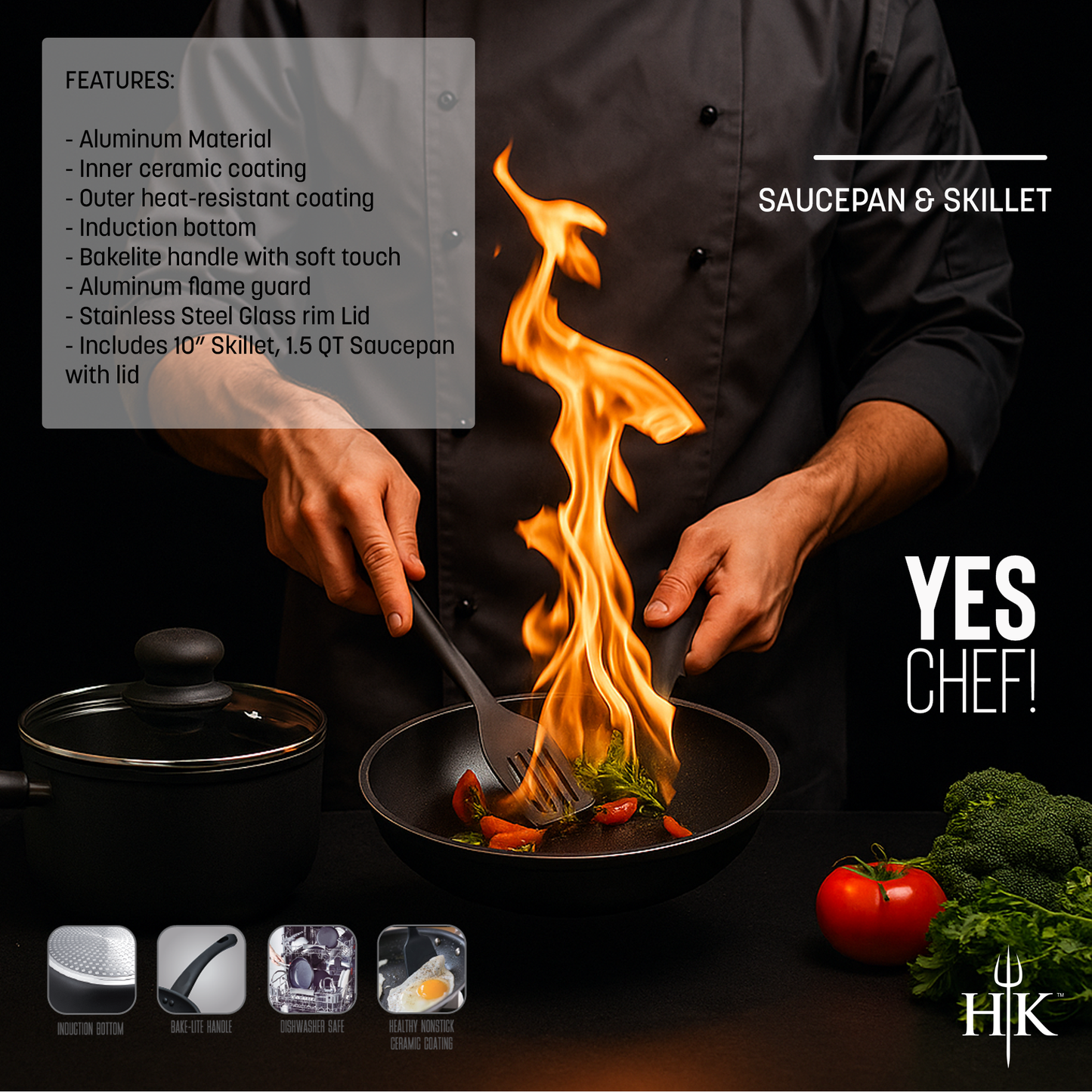 Hell’s Kitchen 1.5-Quart Saucepan and 10-Inch Skillet Set - Black