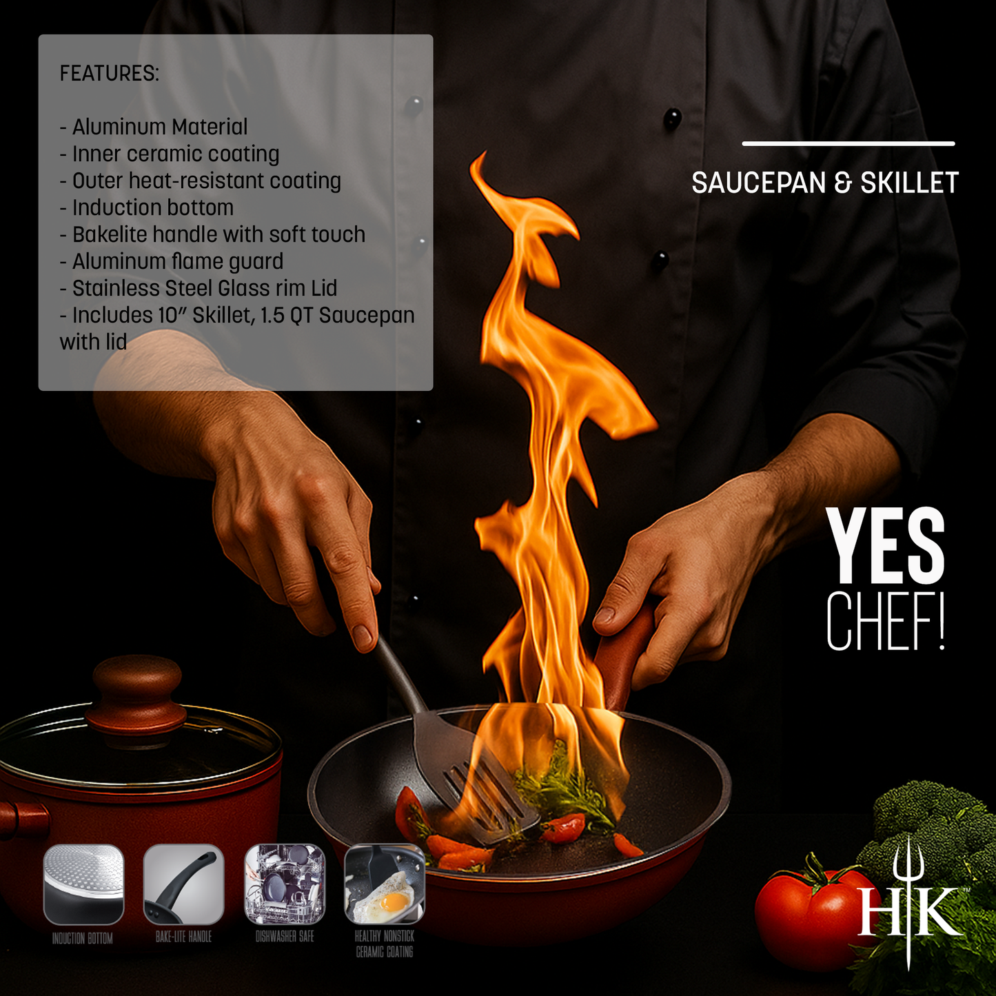 Hell’s Kitchen 1.5-Quart Saucepan and 10-Inch Skillet Set - Red