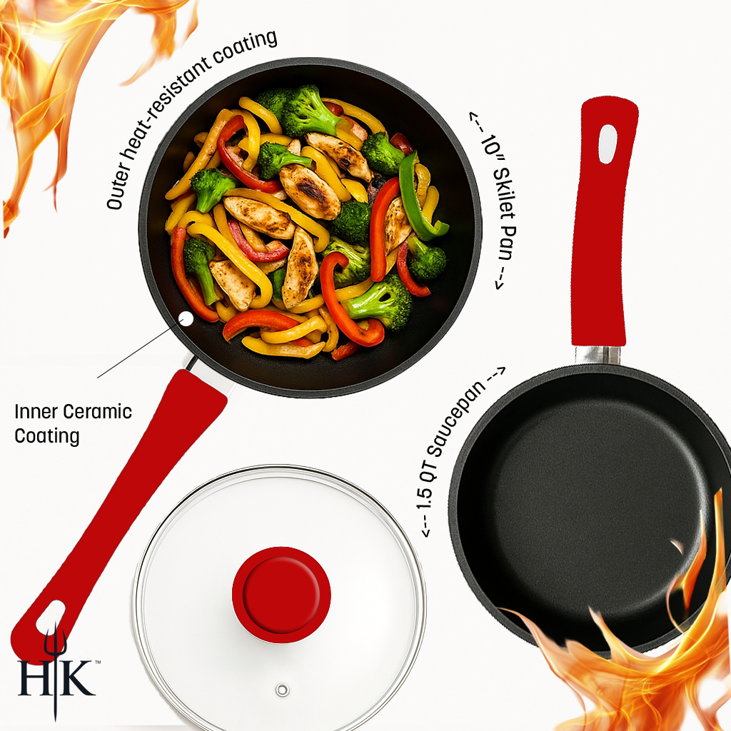 Hell’s Kitchen 1.5-Quart Saucepan and 10-Inch Skillet Set - Red