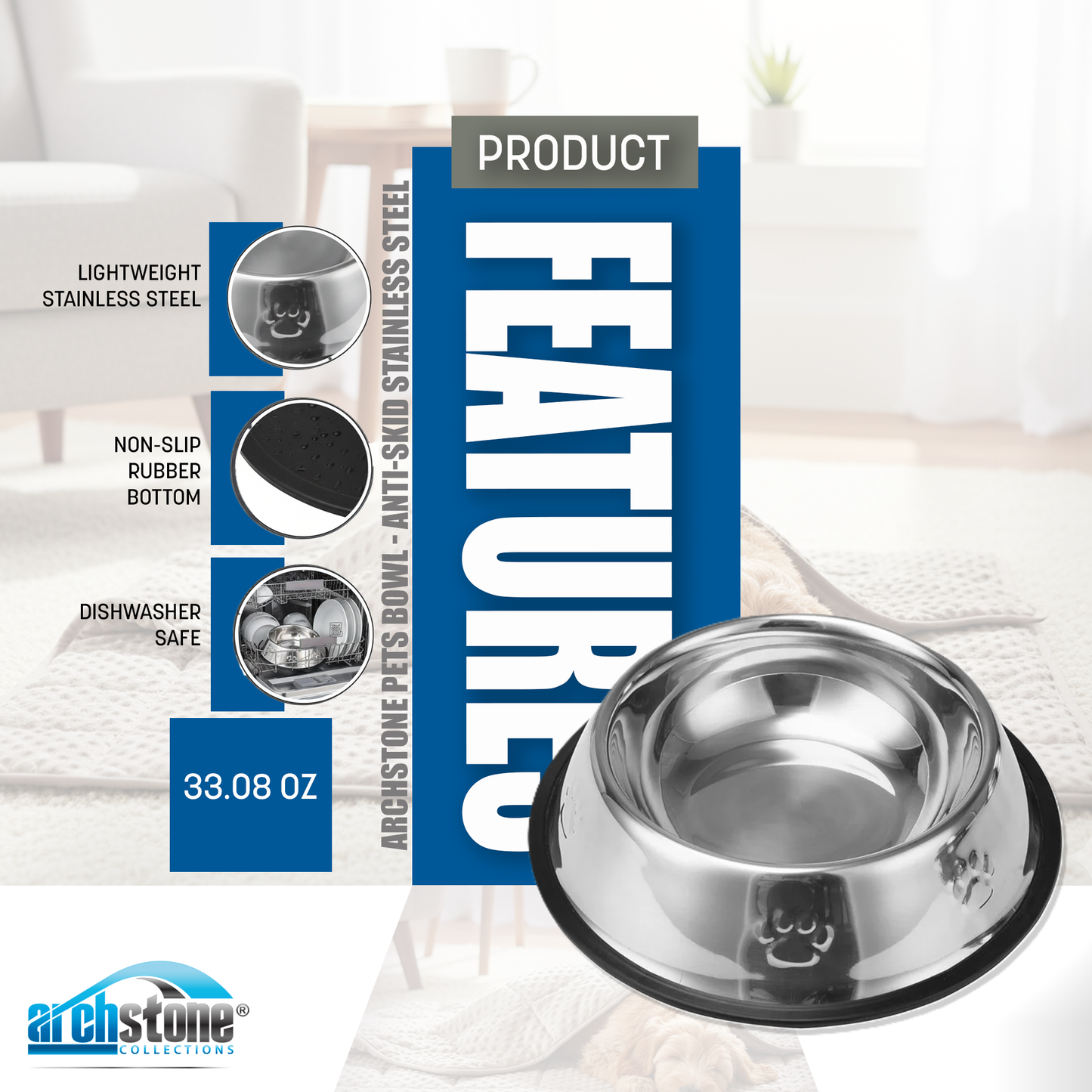 Archstone Pets Bowl - Anti-Skid Stainless Steel