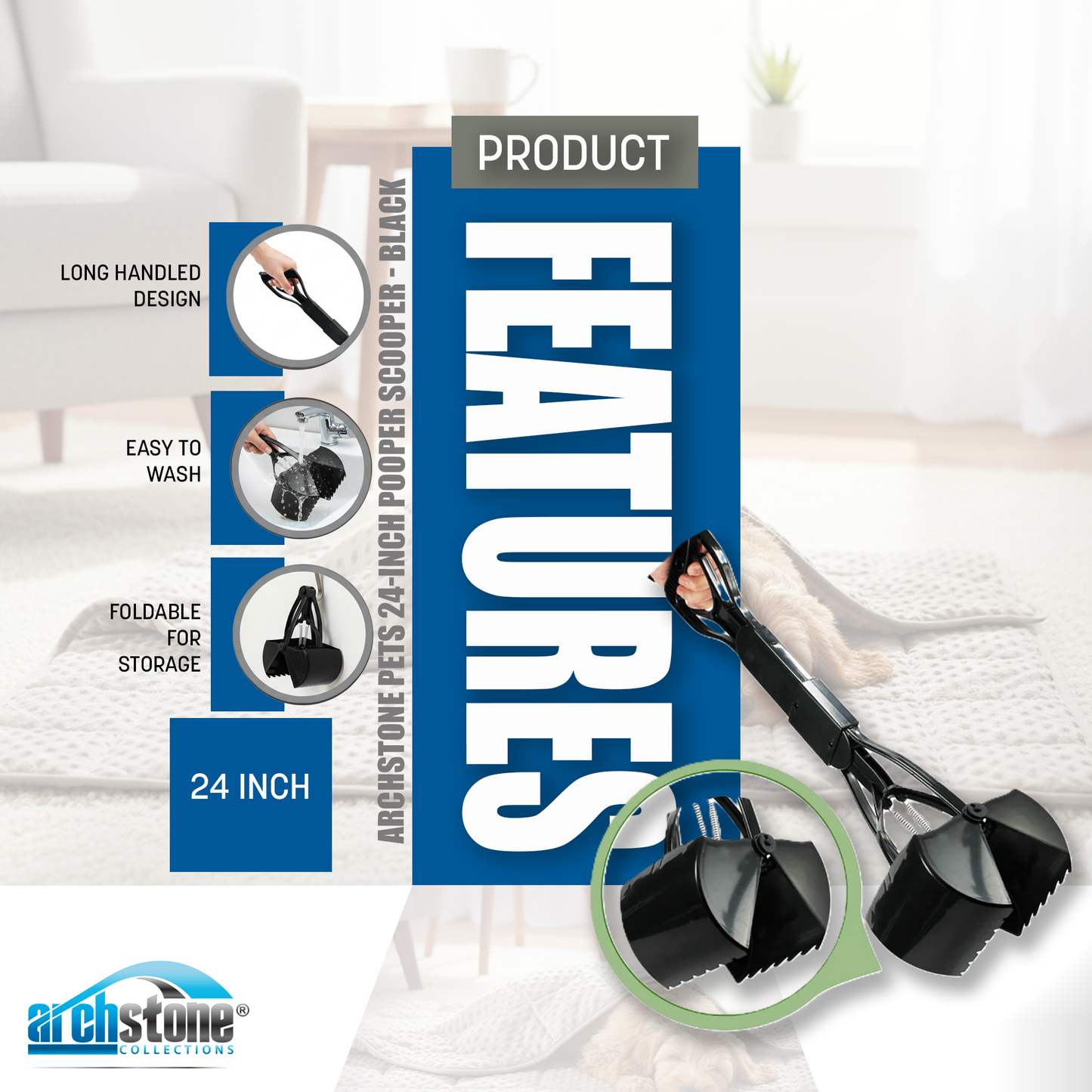 Archstone Pets 24-Inch Pooper Scooper - Black, Long-Handle