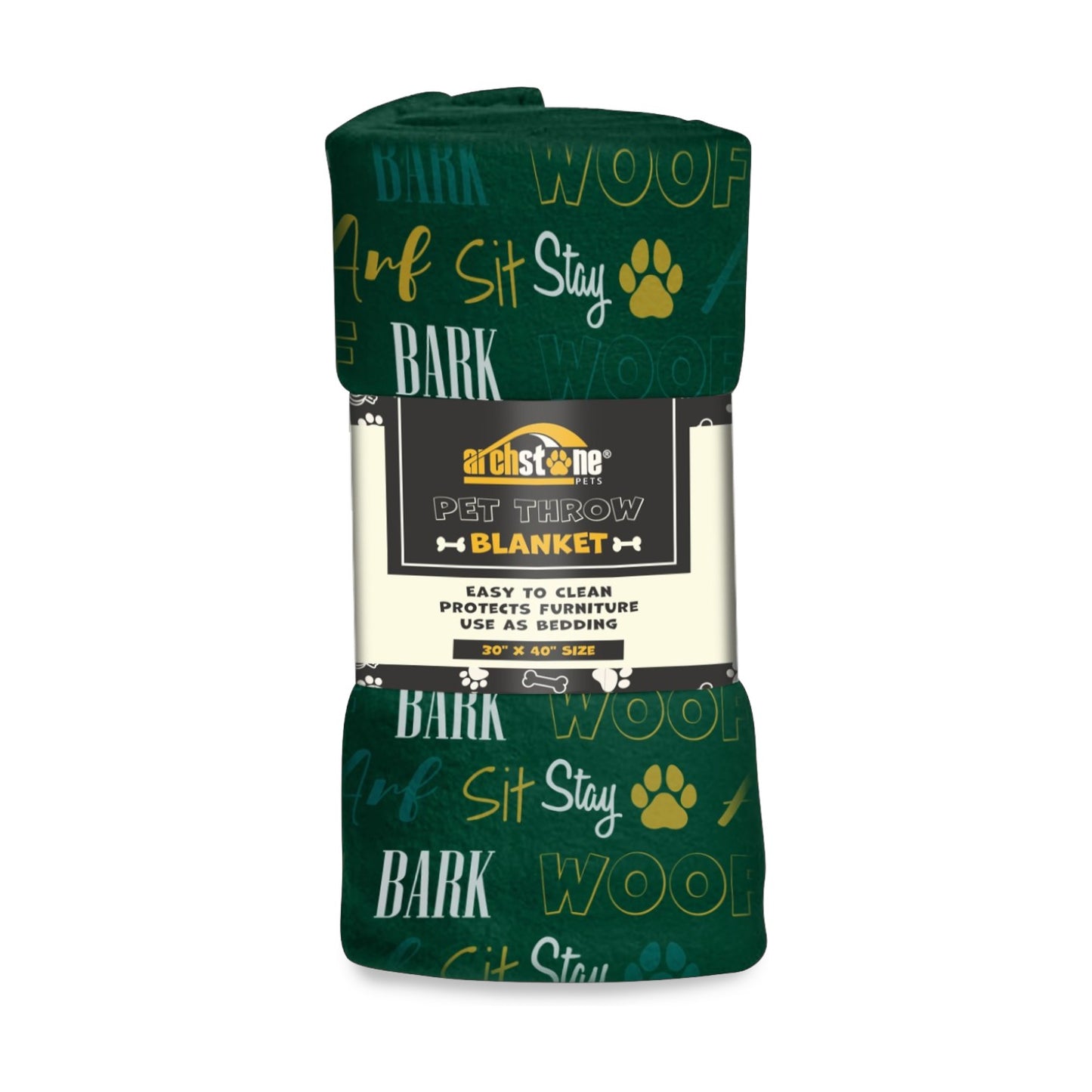 Archstone Pets Throw Blanket - Green Woof Bark, Red Bone Print