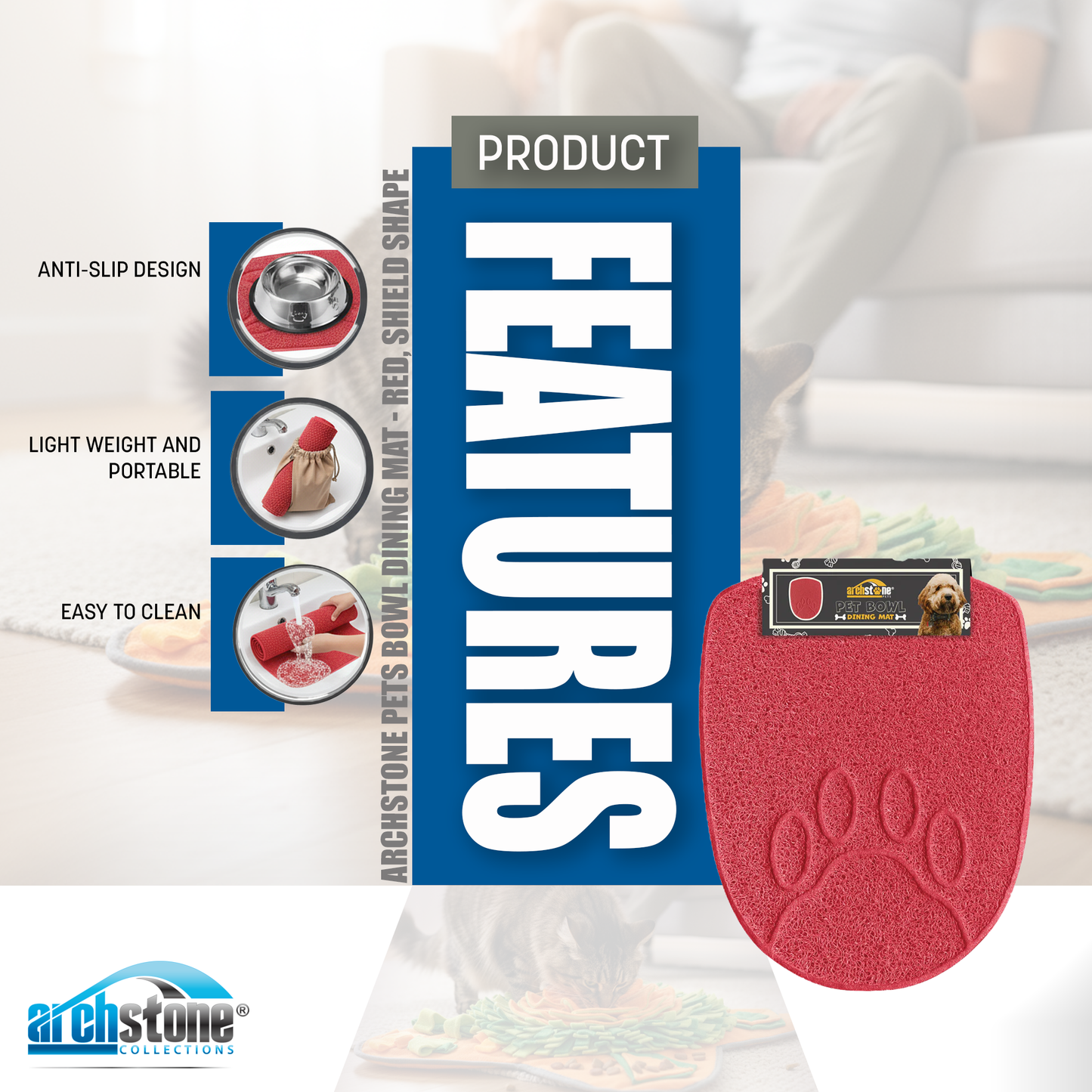 Archstone Pets Bowl Dining Mat - Red, Shield Shape