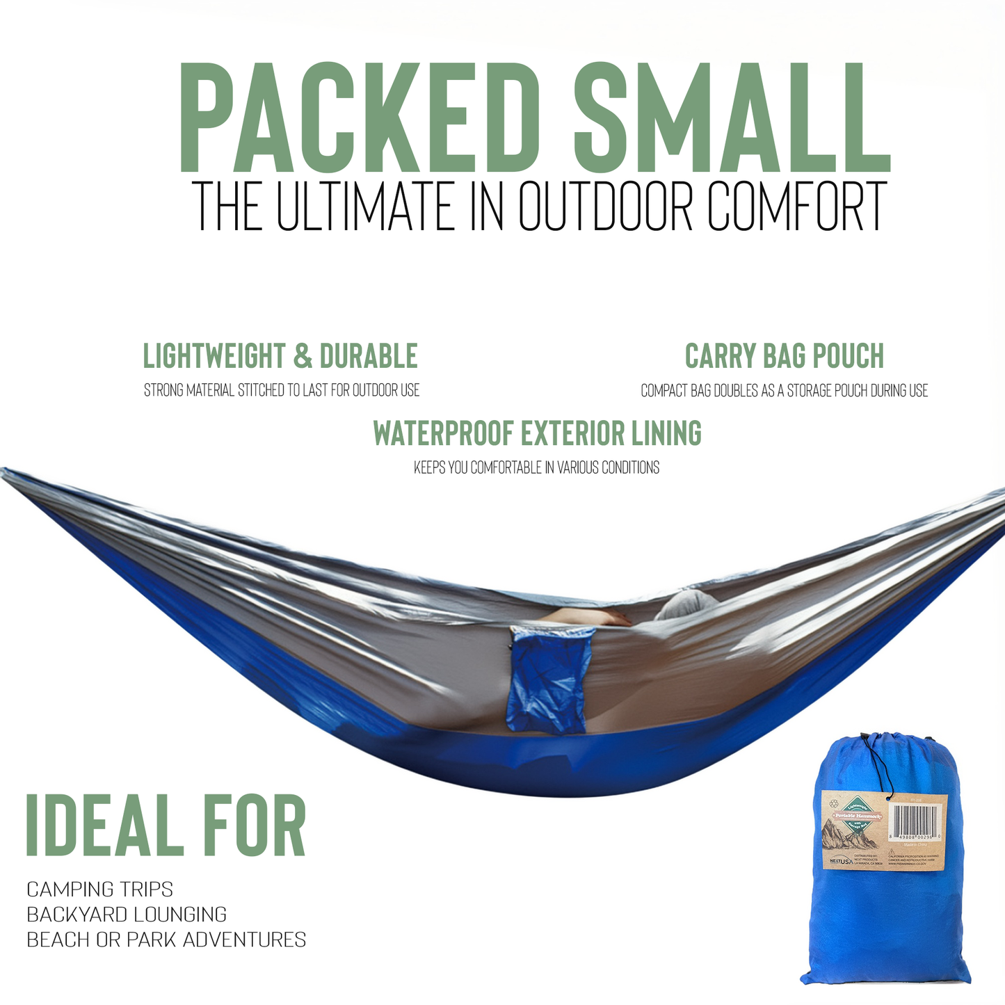 Big Backyard Portable Camping Hammock with Storage Bag - Blue Gray