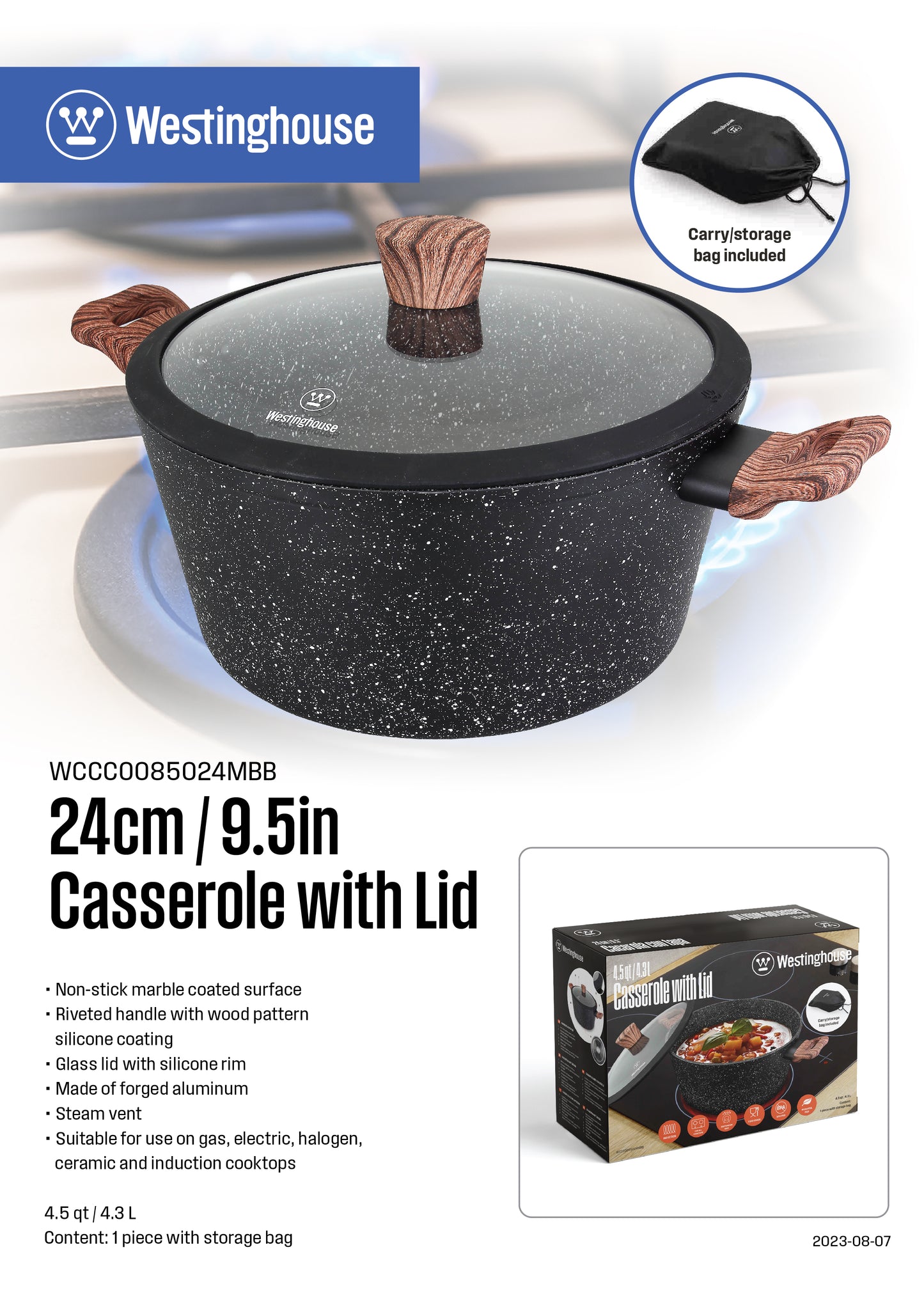 Westinghouse 4.5-Quart Casserole with Lid - Marble Series