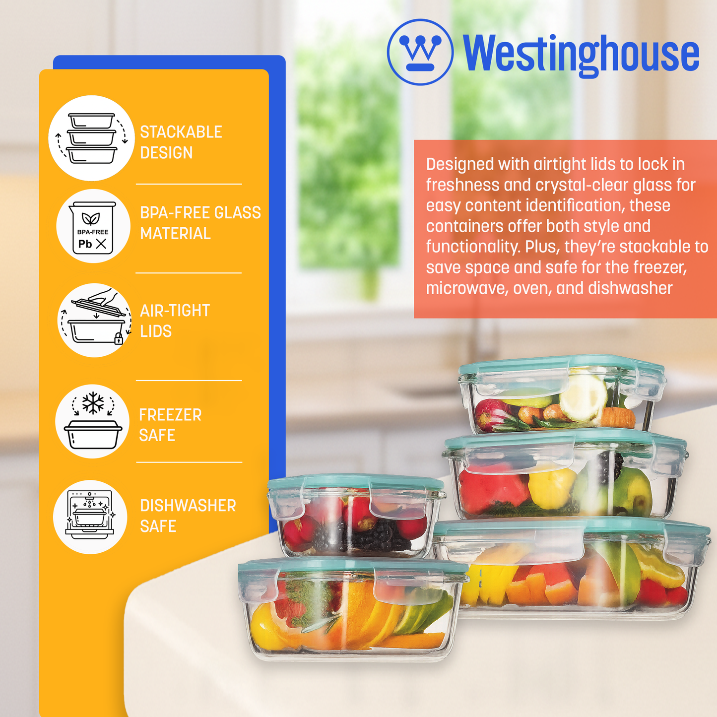 Westinghouse 5-Piece Glass Container Set - 320ml, 370ml, 640ml, 800ml, 1050ml