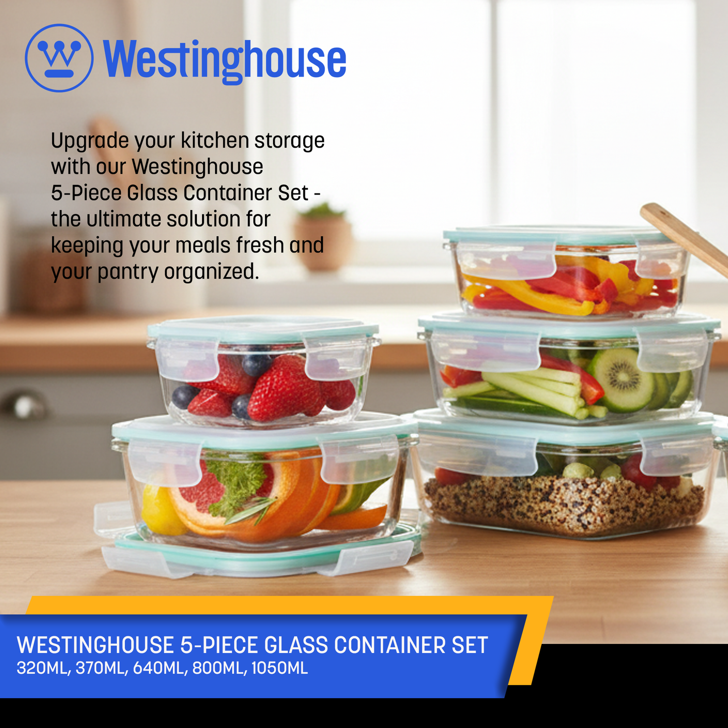 Westinghouse 5-Piece Glass Container Set - 320ml, 370ml, 640ml, 800ml, 1050ml
