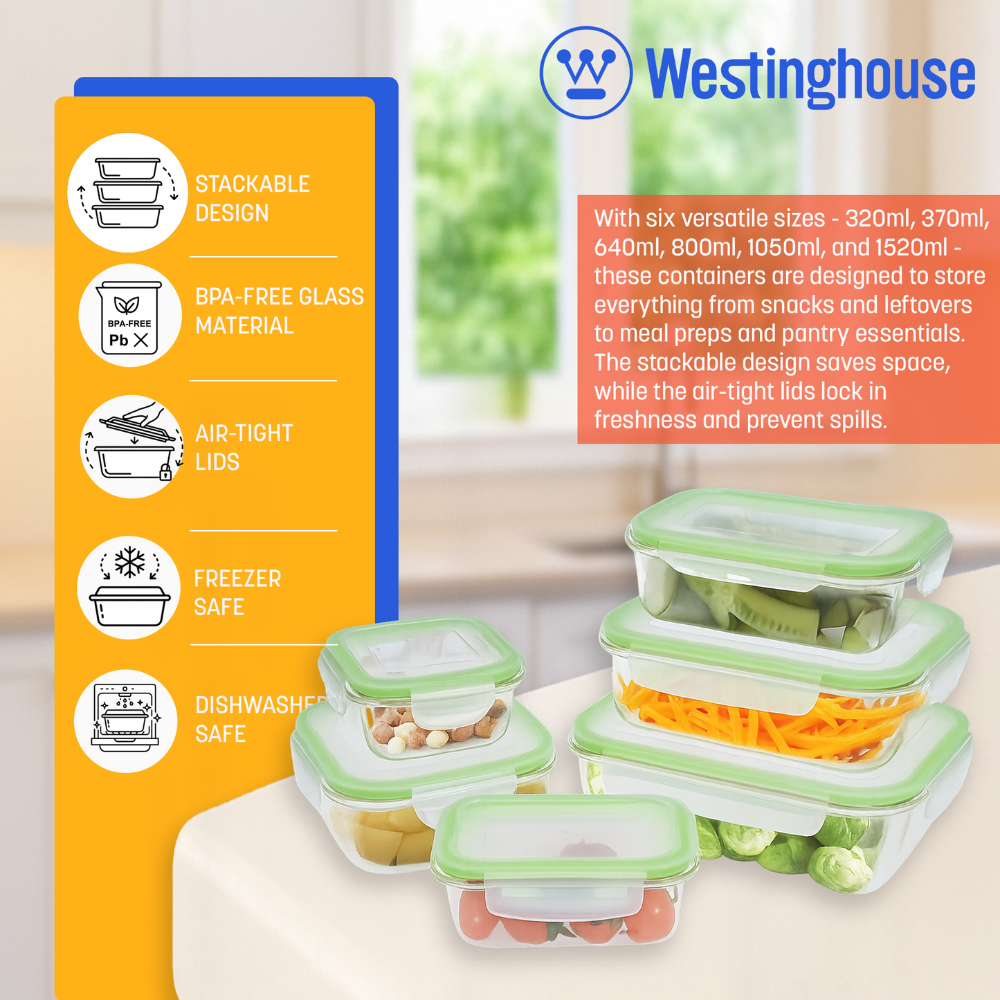 Westinghouse 6-Piece Glass Container Set - 320ml, 370ml, 640ml, 800ml, 1050ml, 1520ml