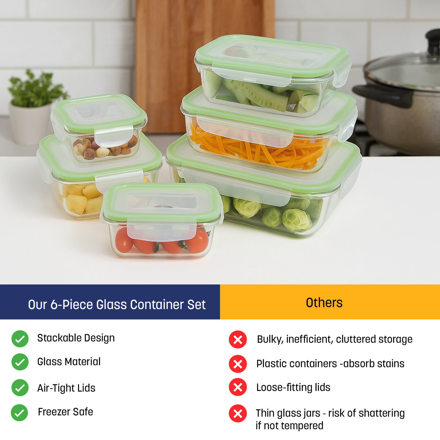 Westinghouse 6-Piece Glass Container Set - 320ml, 370ml, 640ml, 800ml, 1050ml, 1520ml
