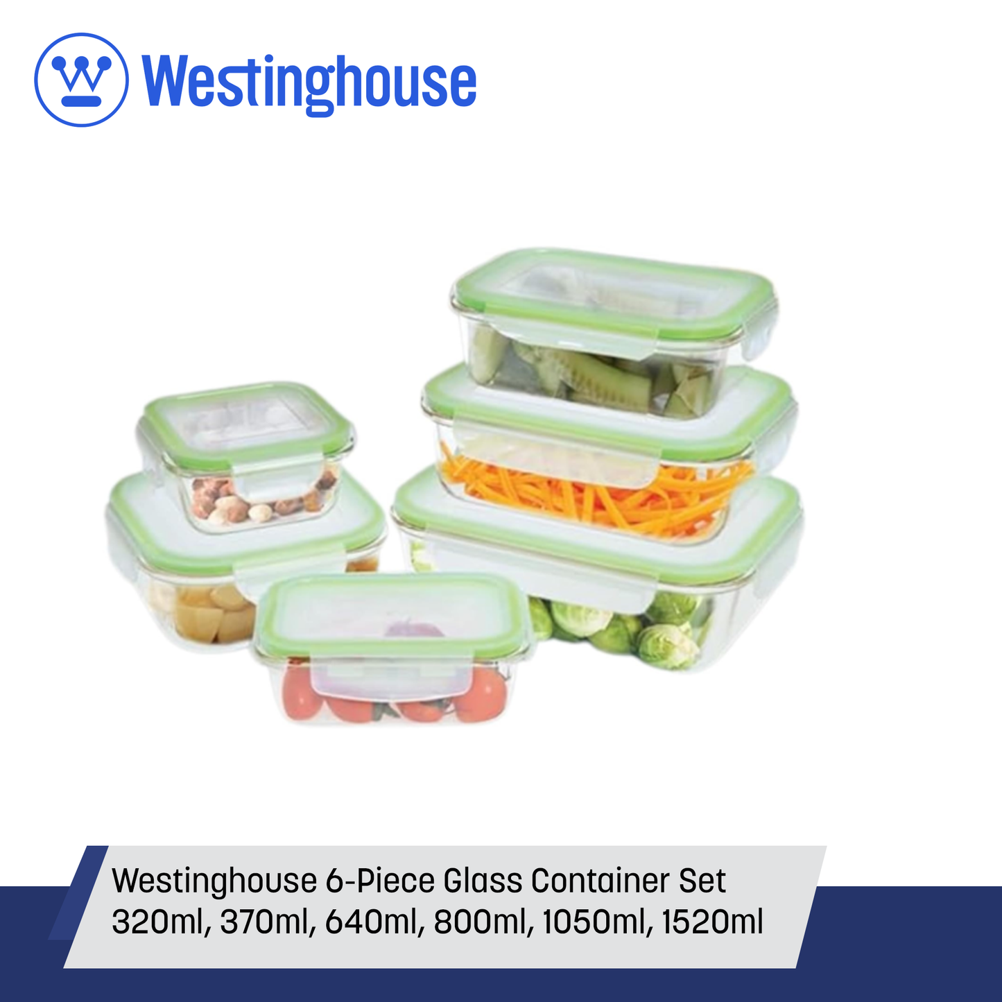 Westinghouse 6-Piece Glass Container Set - 320ml, 370ml, 640ml, 800ml, 1050ml, 1520ml