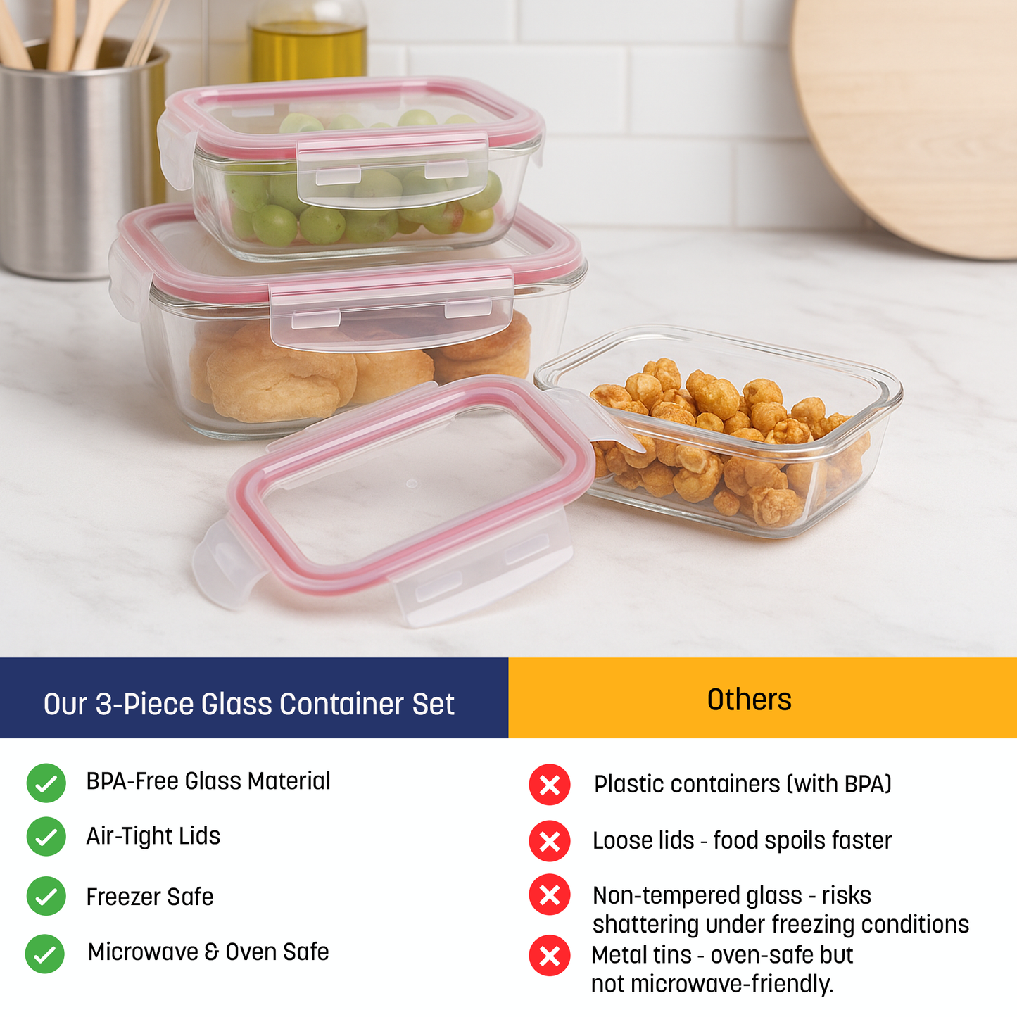 Westinghouse 3-Piece Glass Container Set - 370ml, 640ml, 1050ml