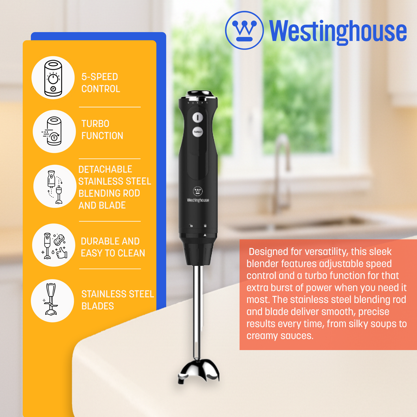 Westinghouse Multi-Speed Immersion Hand Blender - Retro Series, 4 Colors