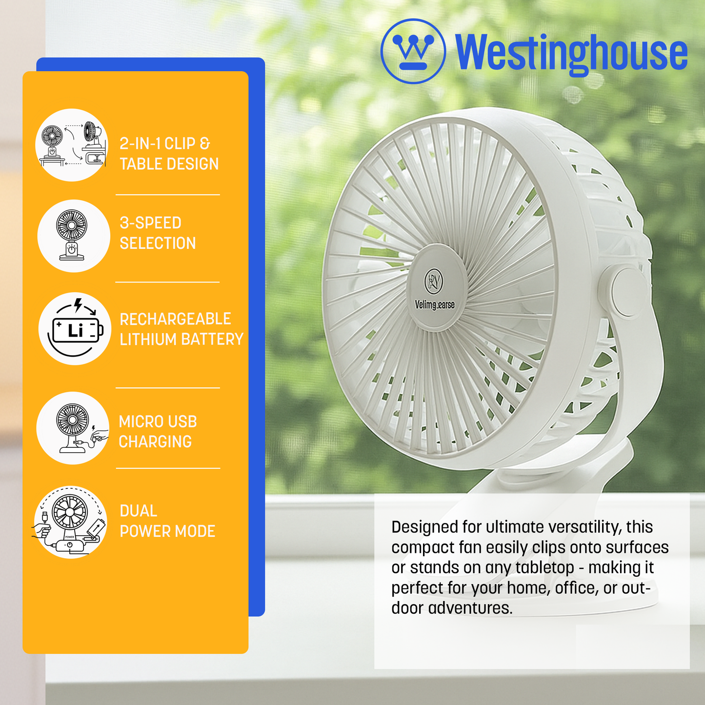 Westinghouse 2-in-1 Rechargeable Clip/Table Fan + Adaptor