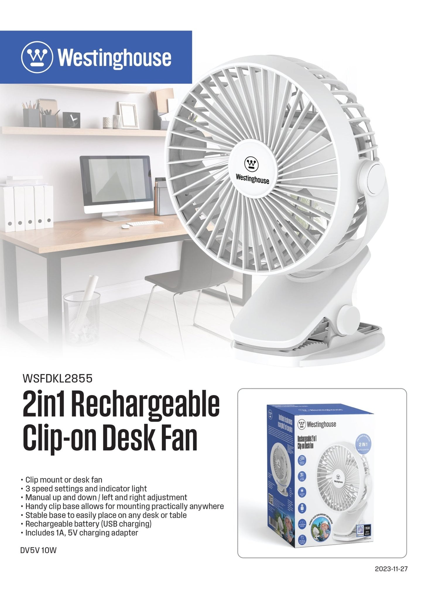Westinghouse 2-in-1 Rechargeable Clip/Table Fan + Adaptor