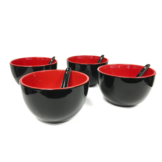 Black and Red Ceramic Bowl Set 8 pc Set - Contains 4 Bowls & 4 Spoons