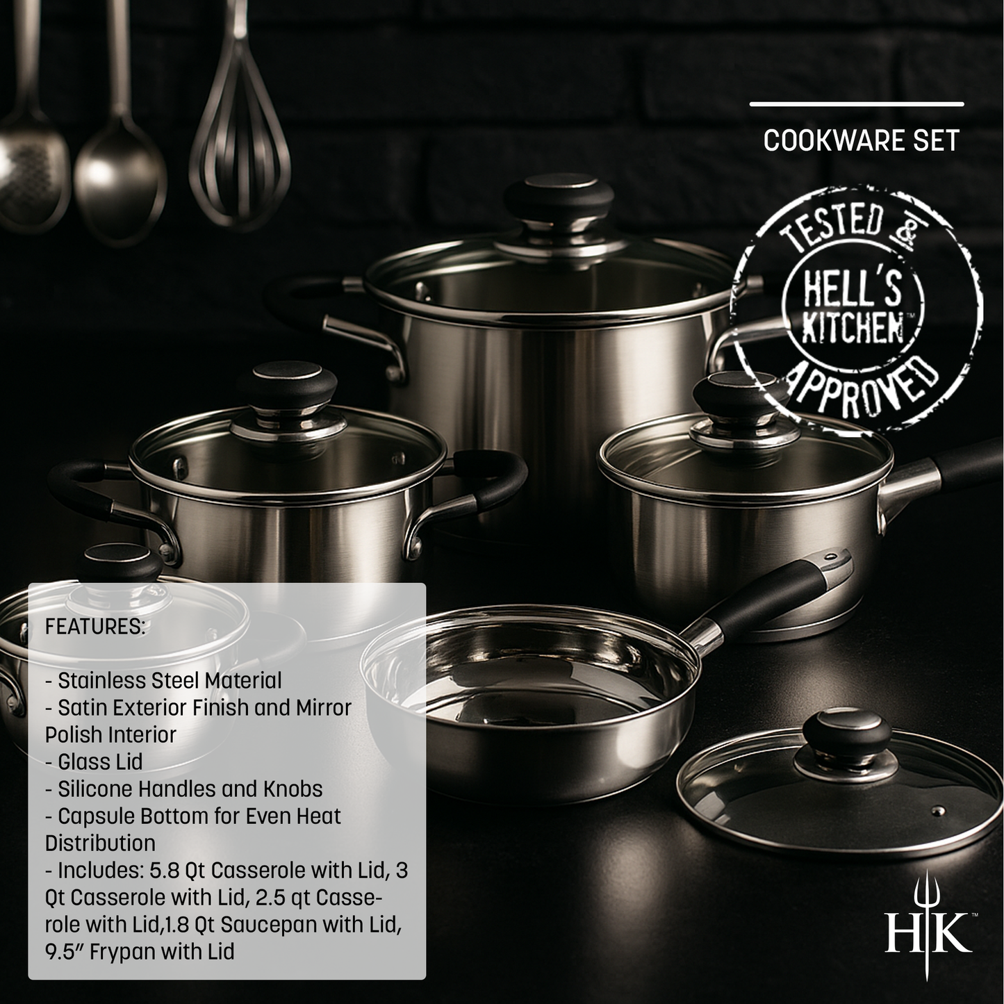Hell's Kitchen 10-Piece Stainless Steel Cookware Set - Black