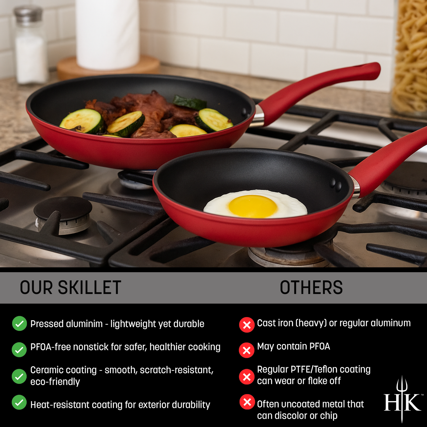 Hell's Kitchen 10-Inch & 12-Inch Ceramic Fry Pan Set - Red