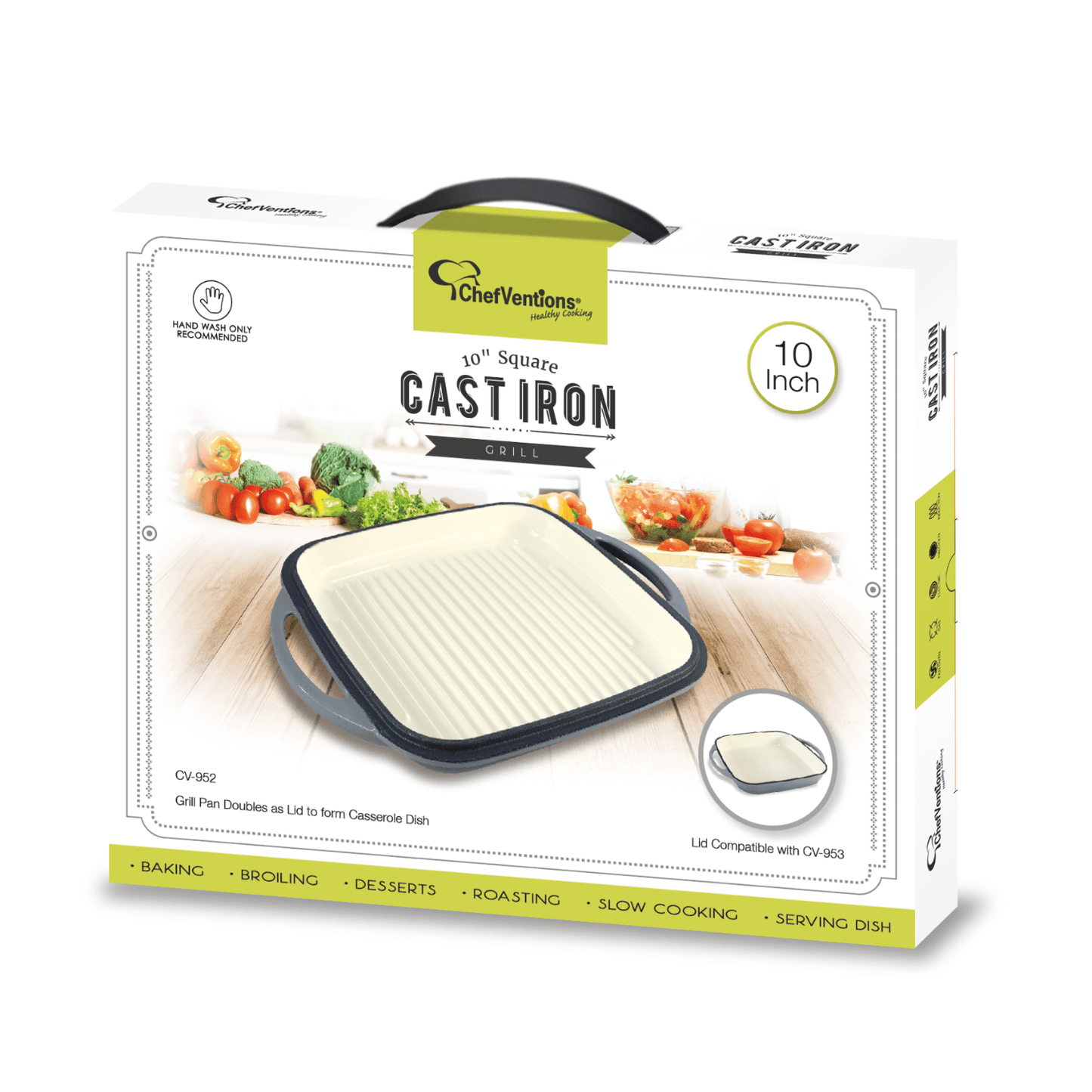 ChefVentions 10-Inch Square Cast Iron Grill Pan