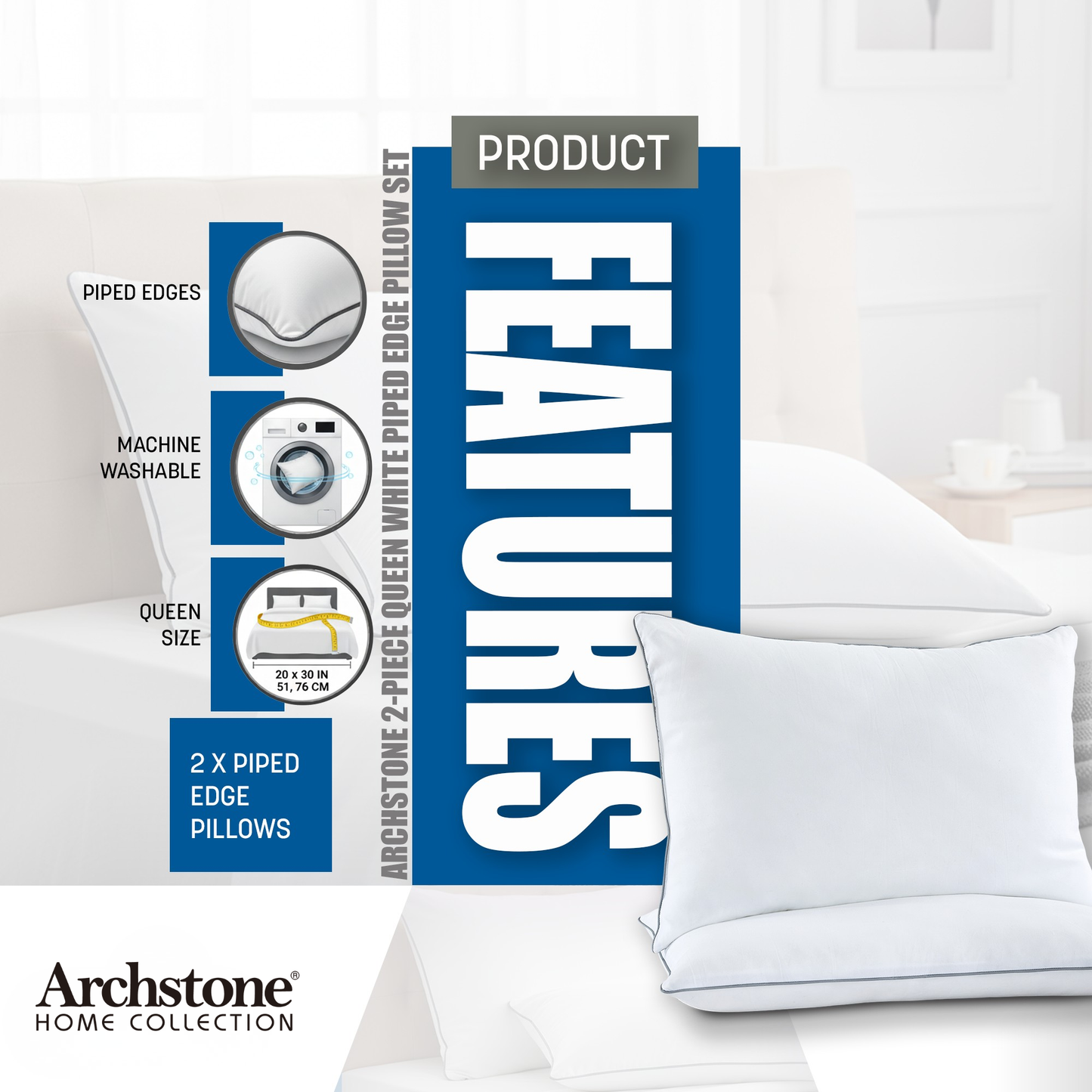 Archstone 2-Piece Queen White Piped Edge Pillow Set - Home Collection