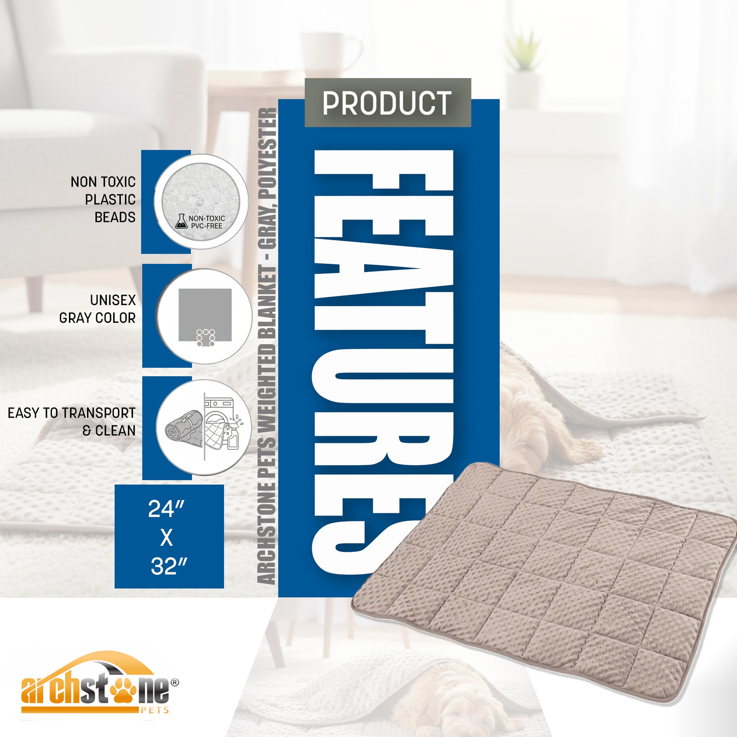 Archstone Pets Weighted Blanket - Gray, Polyester