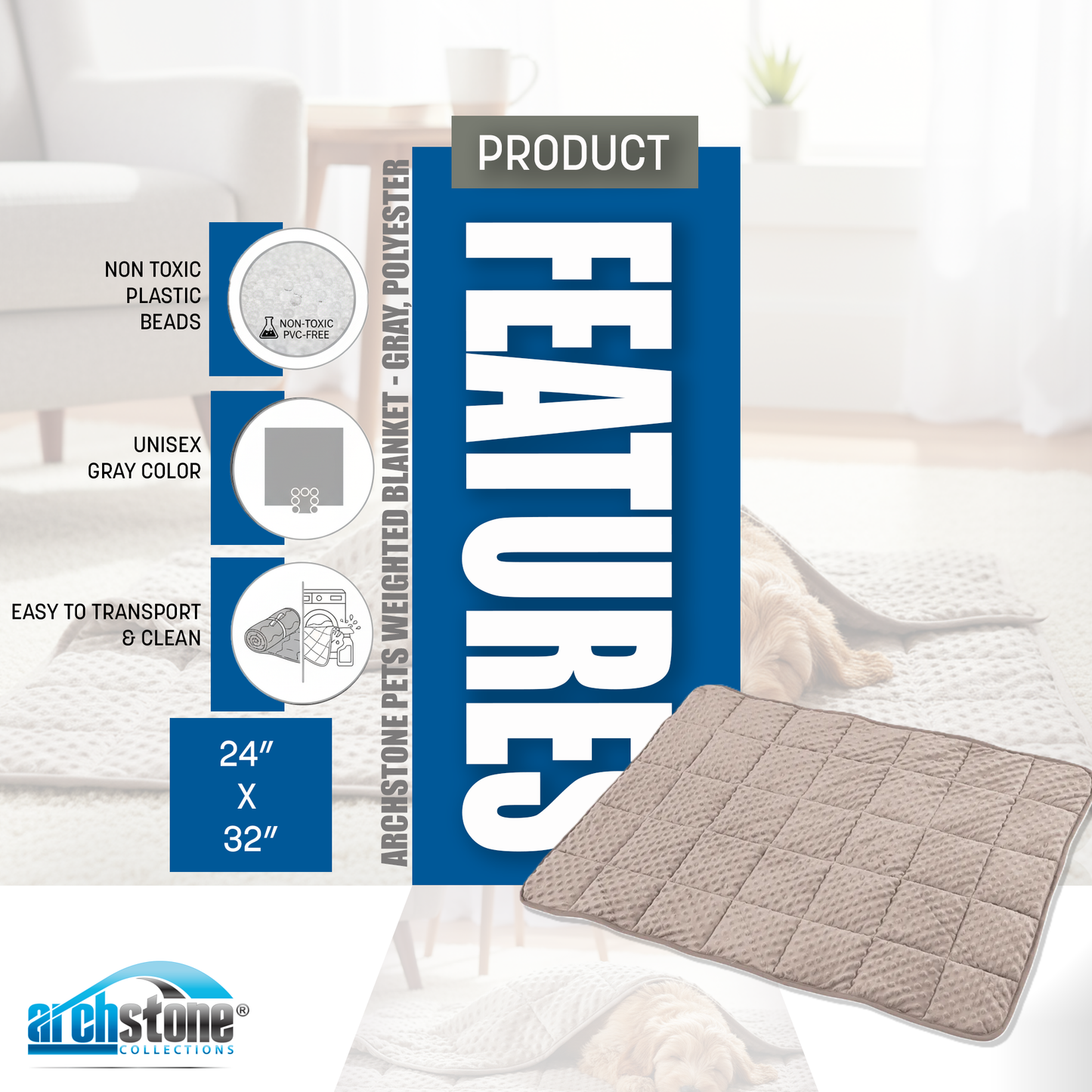 Archstone Pets Weighted Blanket - Gray, Polyester