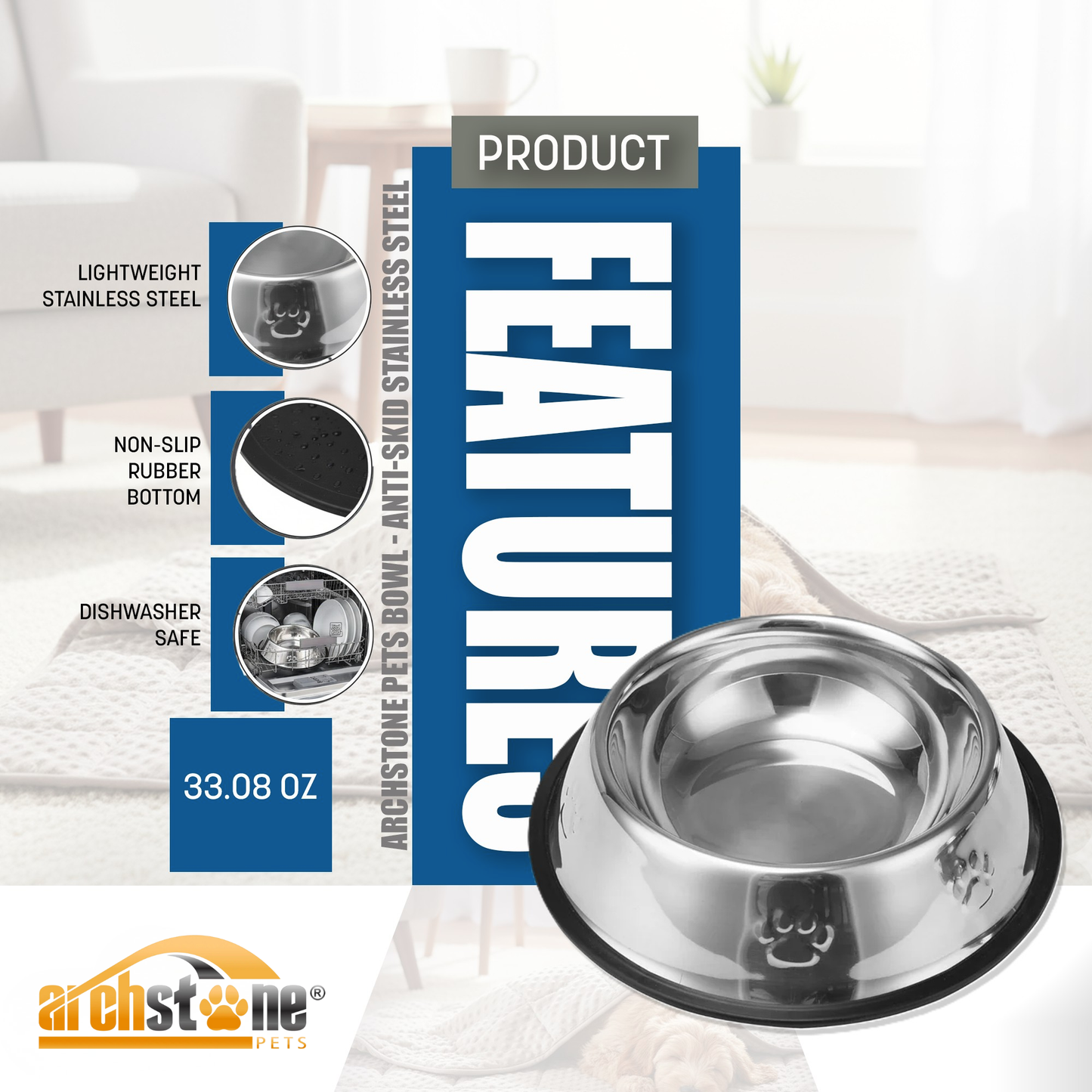 Archstone Pets Bowl - Anti-Skid Stainless Steel