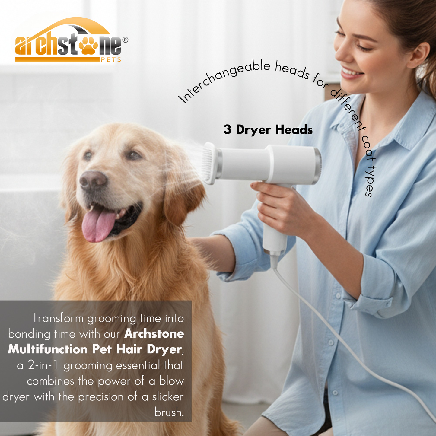 Archstone Pets Multifunction Hair Dryer with 3 Interchangeable Dryer Heads
