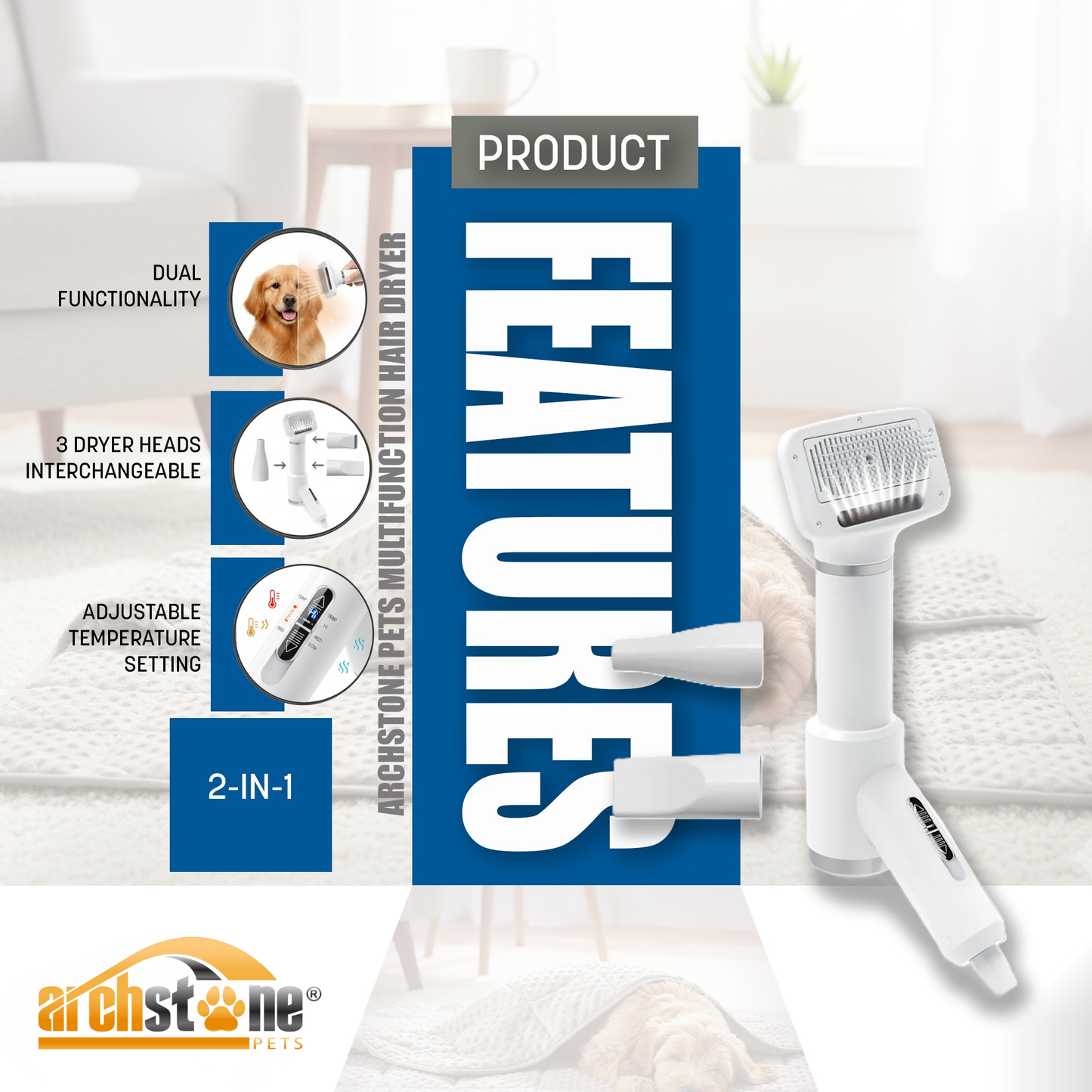Archstone Pets Multifunction Hair Dryer with 3 Interchangeable Dryer Heads