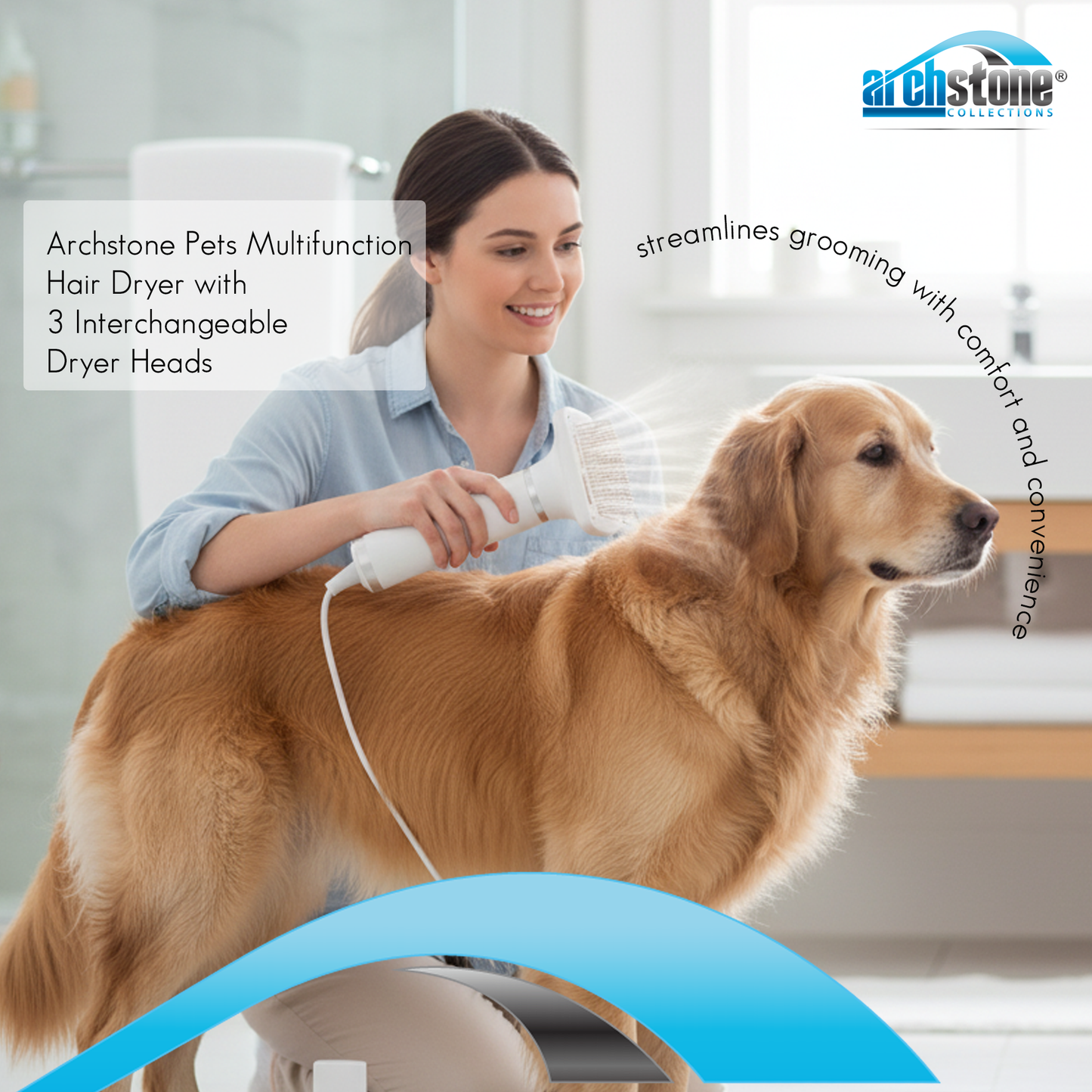 Archstone Pets Multifunction Hair Dryer with 3 Interchangeable Dryer Heads