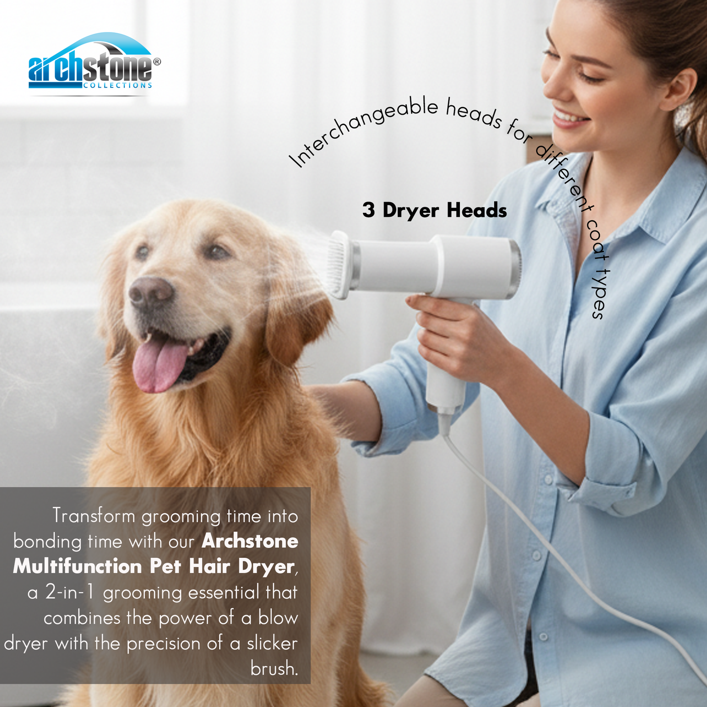 Archstone Pets Multifunction Hair Dryer with 3 Interchangeable Dryer Heads