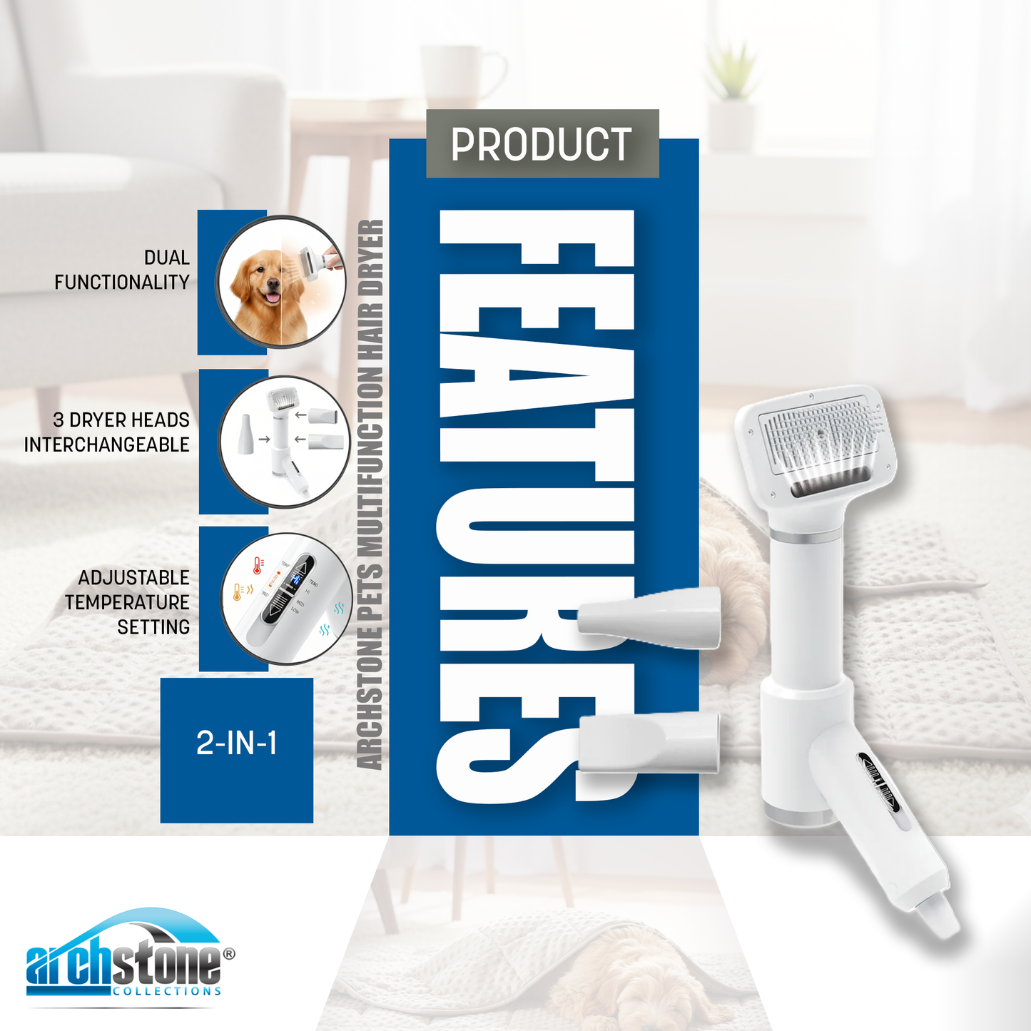 Archstone Pets Multifunction Hair Dryer with 3 Interchangeable Dryer Heads