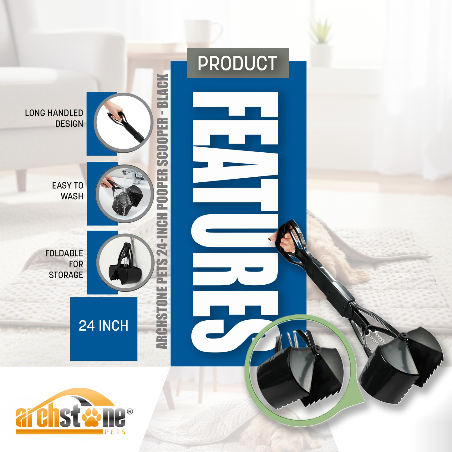 Archstone Pets 24-Inch Pooper Scooper - Black, Long-Handle