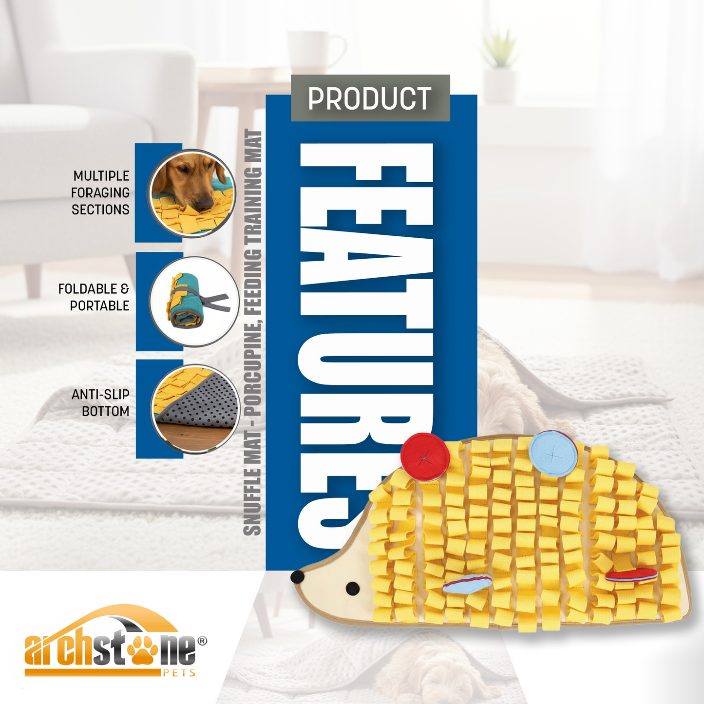 Archstone Pets Snuffle Mat - Porcupine, Feeding Training Mat