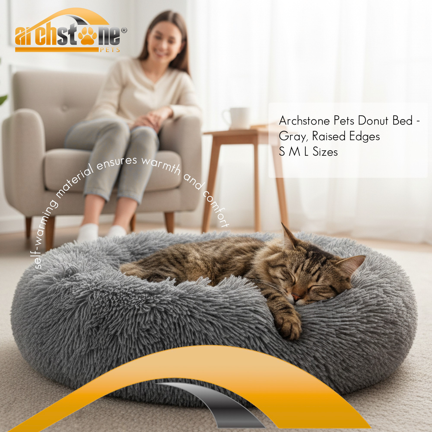 Archstone Pets Donut Bed - Gray, Raised Edges, S M L Sizes
