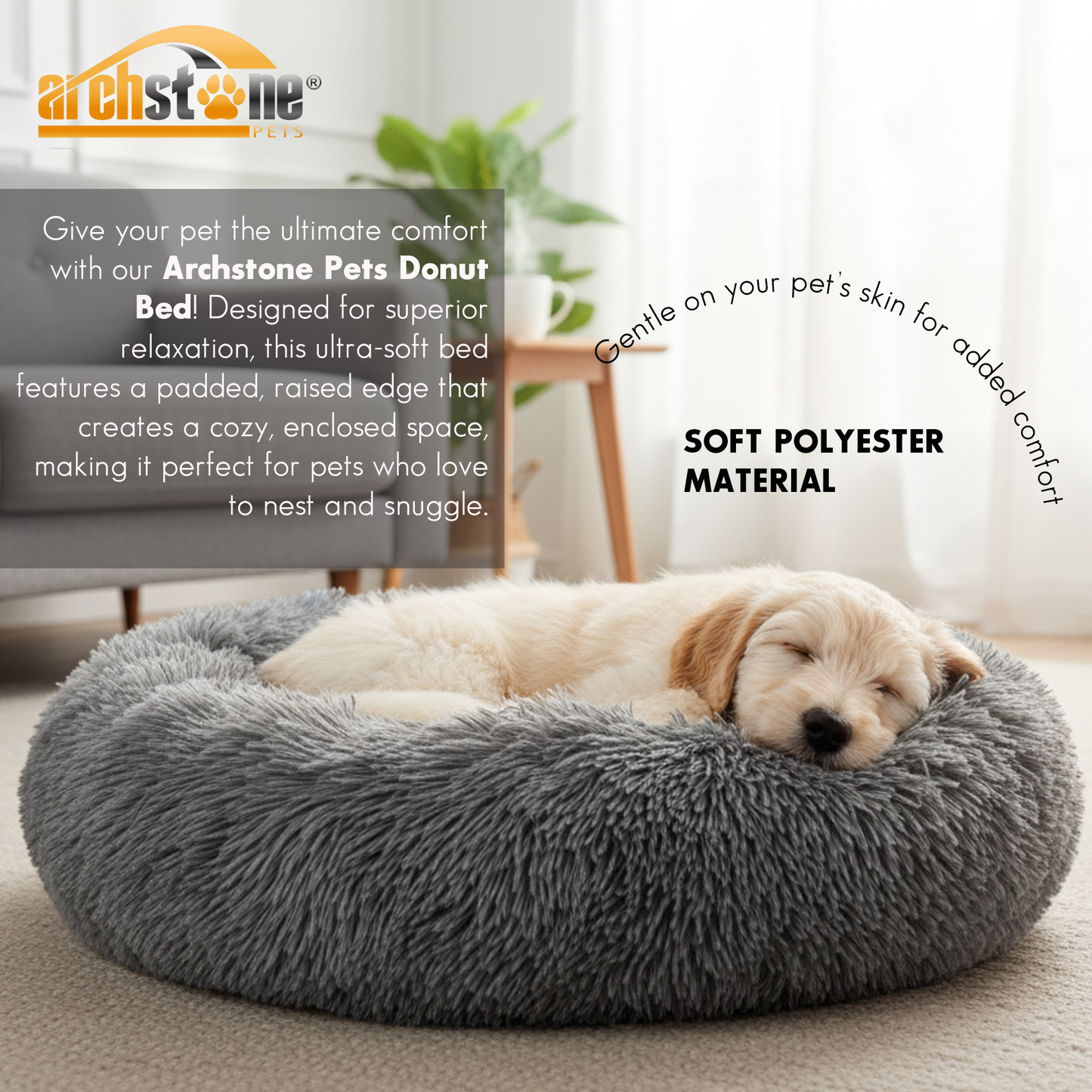 Archstone Pets Donut Bed - Gray, Raised Edges, S M L Sizes
