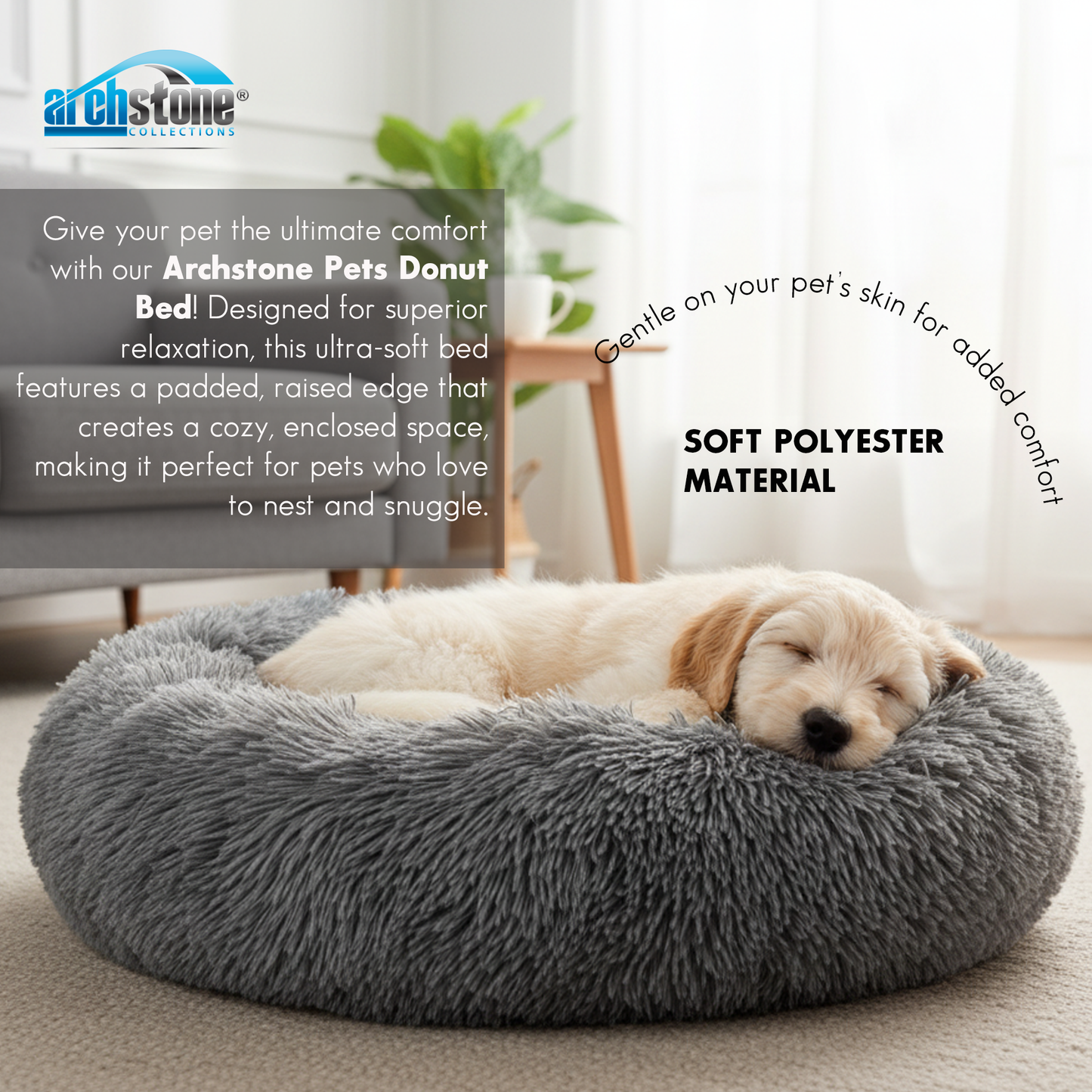 Archstone Pets Donut Bed - Gray, Raised Edges, S M L Sizes