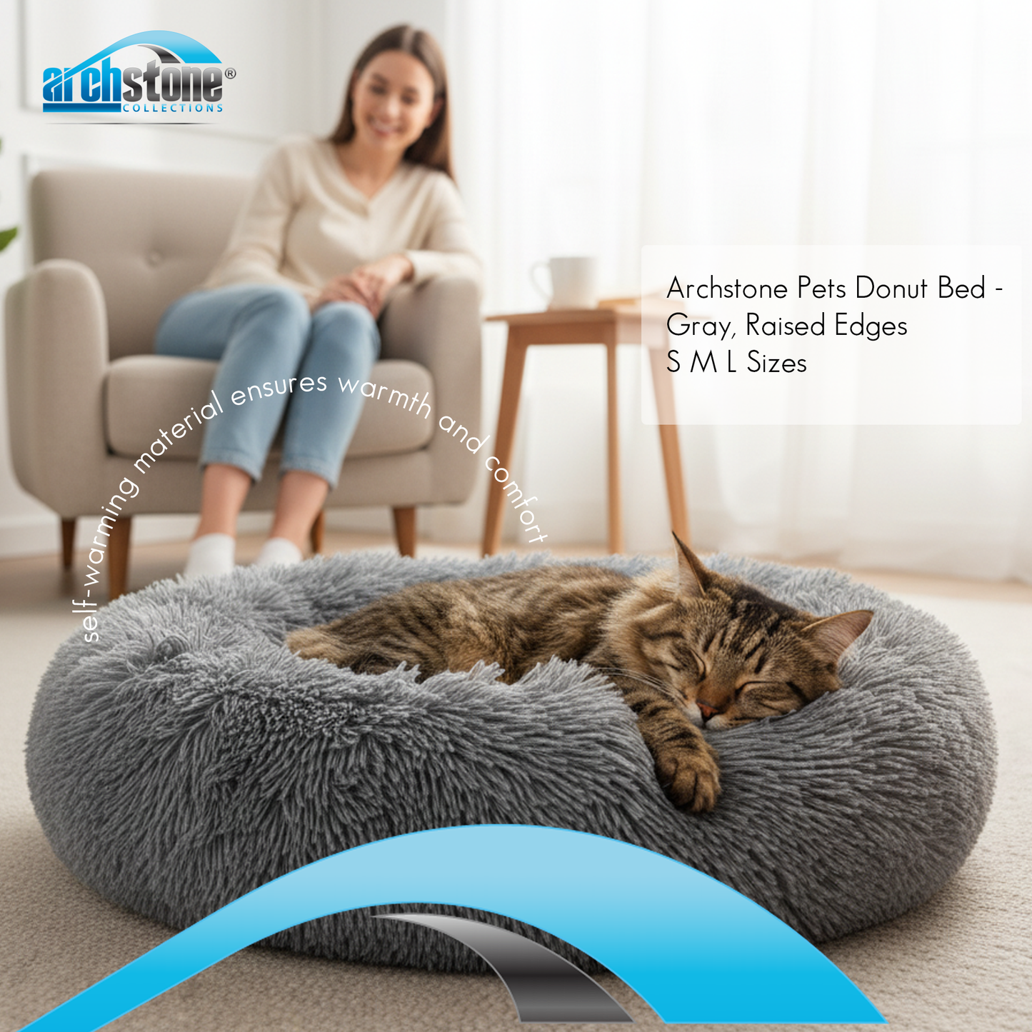 Archstone Pets Donut Bed - Gray, Raised Edges, S M L Sizes