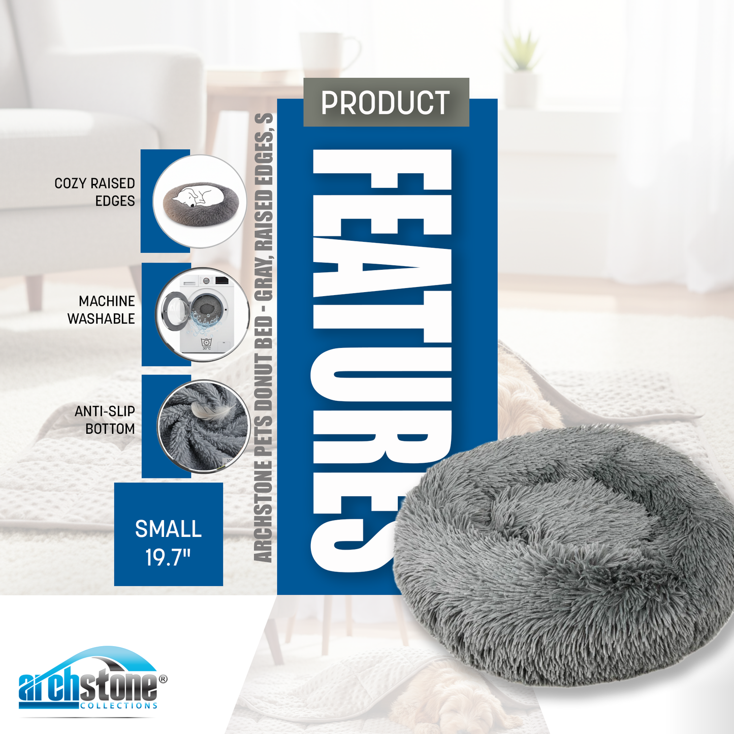 Archstone Pets Donut Bed - Gray, Raised Edges, S M L Sizes