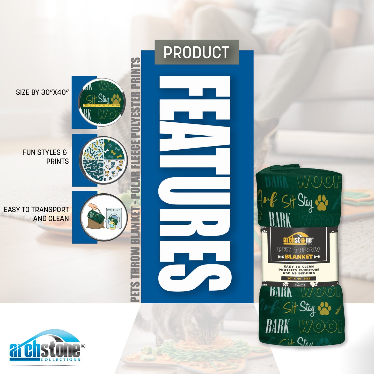 Archstone Pets Throw Blanket - Polar Fleece Polyester, Red Bone Print