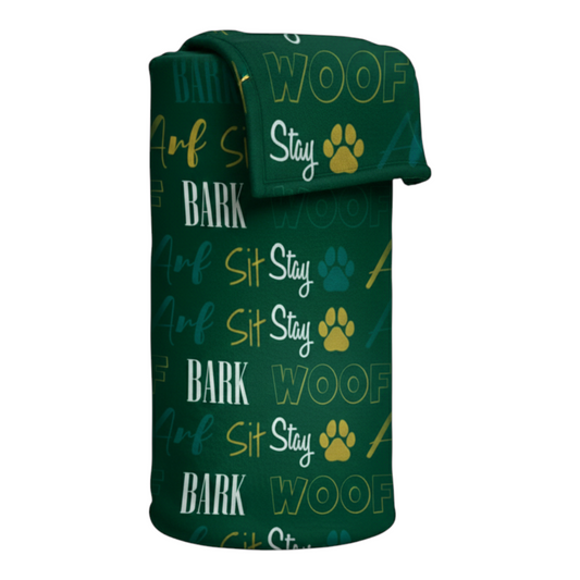 Archstone Pets Throw Blanket - Polar Fleece Polyester, Green Woof Bark Print