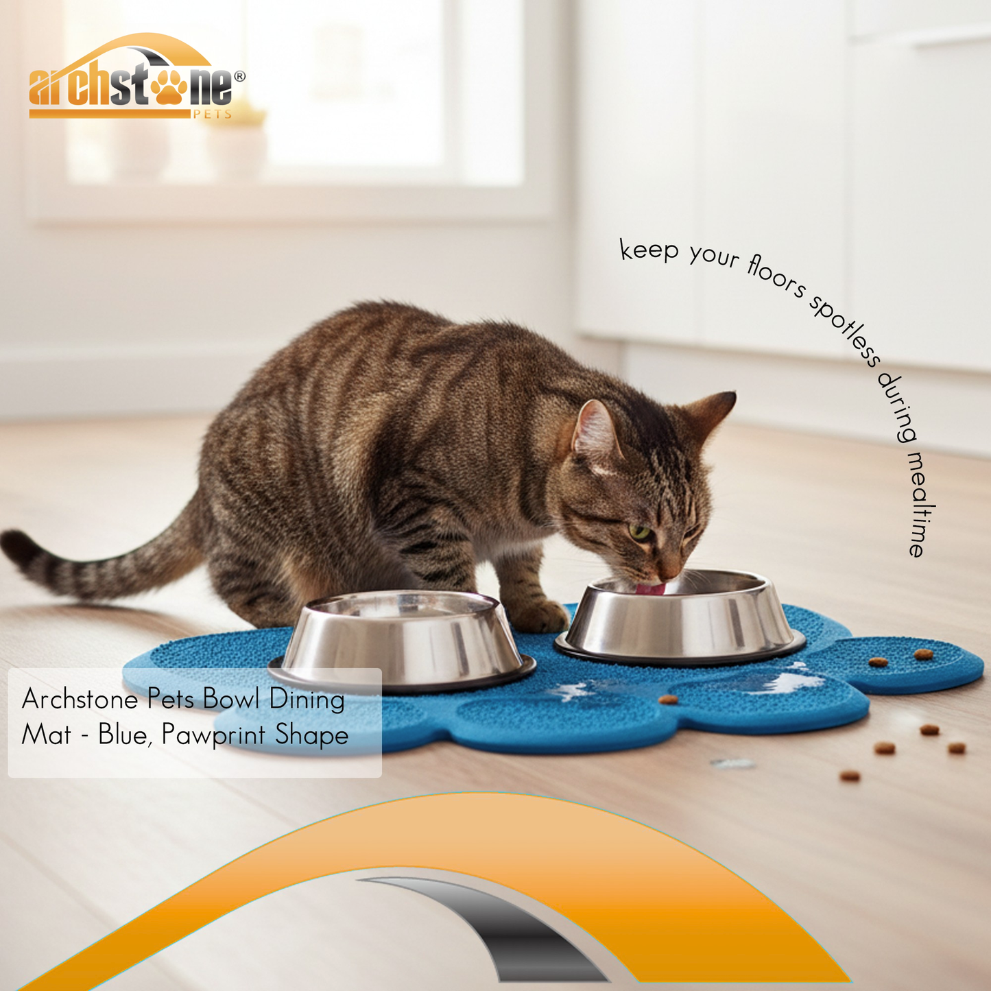 Archstone Pets Bowl Dining Mat - Blue, Pawprint Shape