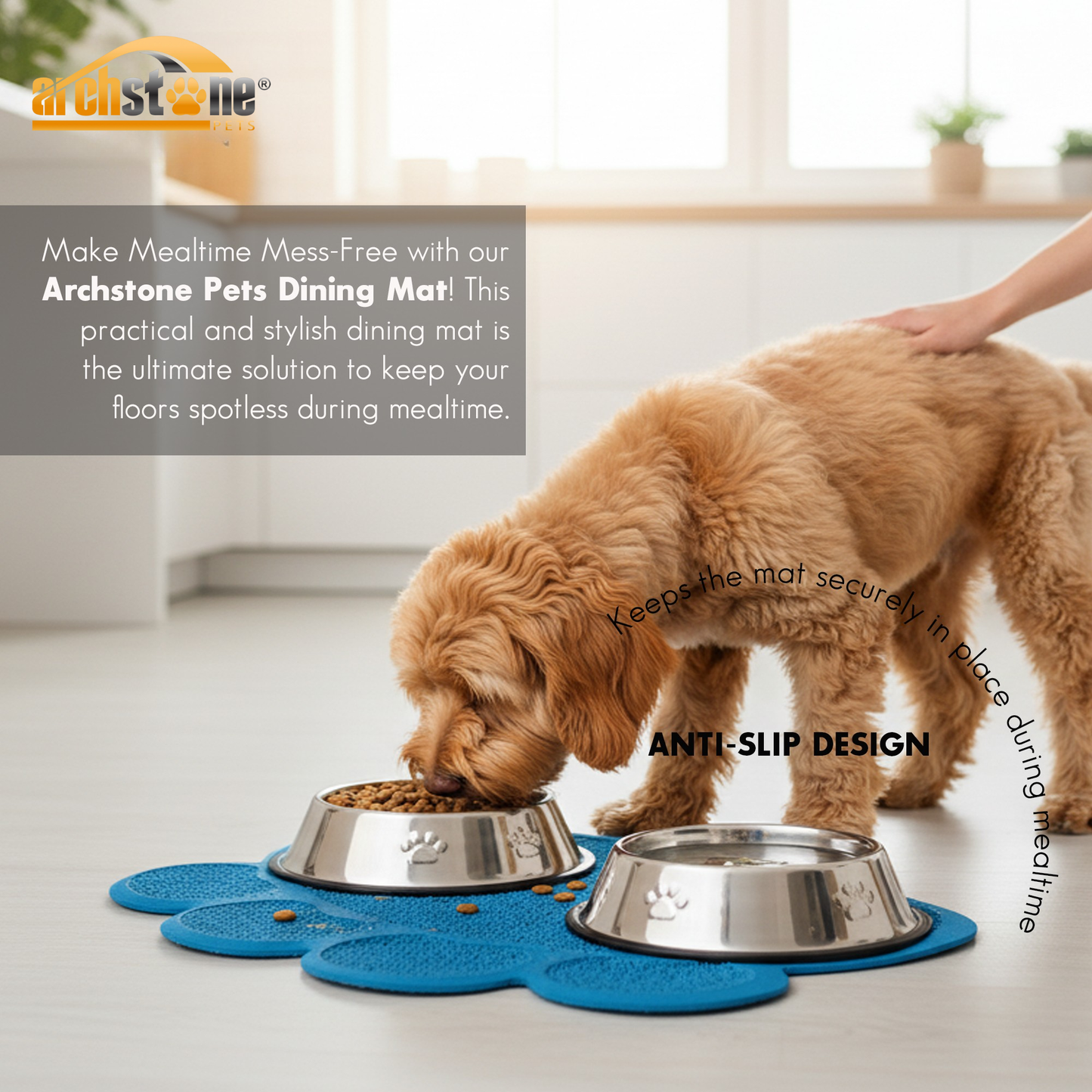 Archstone Pets Bowl Dining Mat - Blue, Pawprint Shape
