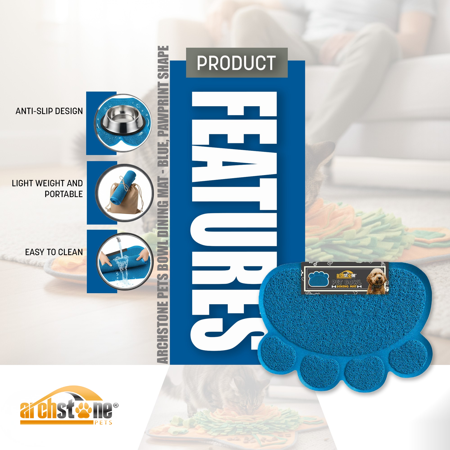 Archstone Pets Bowl Dining Mat - Blue, Pawprint Shape