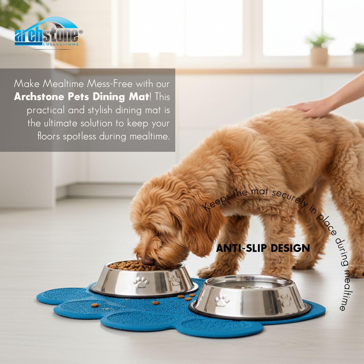 Archstone Pets Bowl Dining Mat - Blue, Pawprint Shape