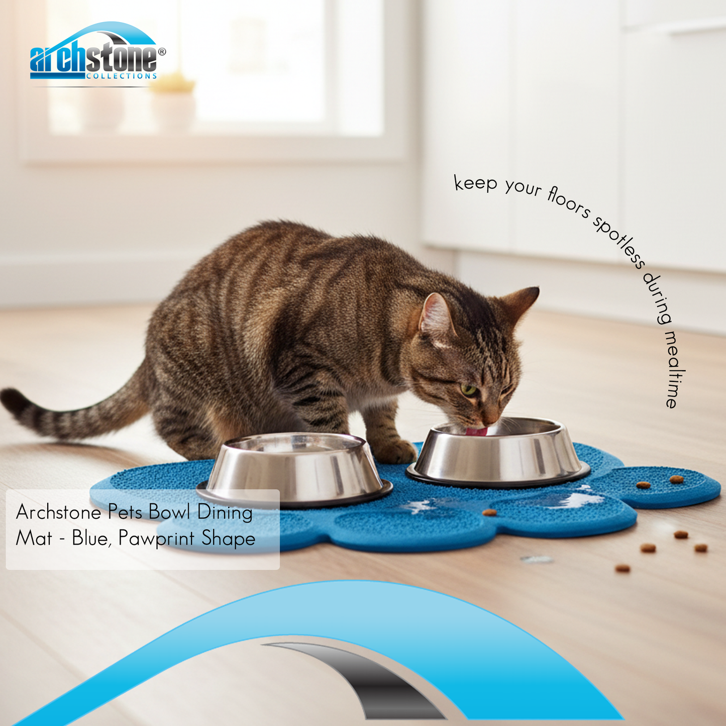 Archstone Pets Bowl Dining Mat - Blue, Pawprint Shape