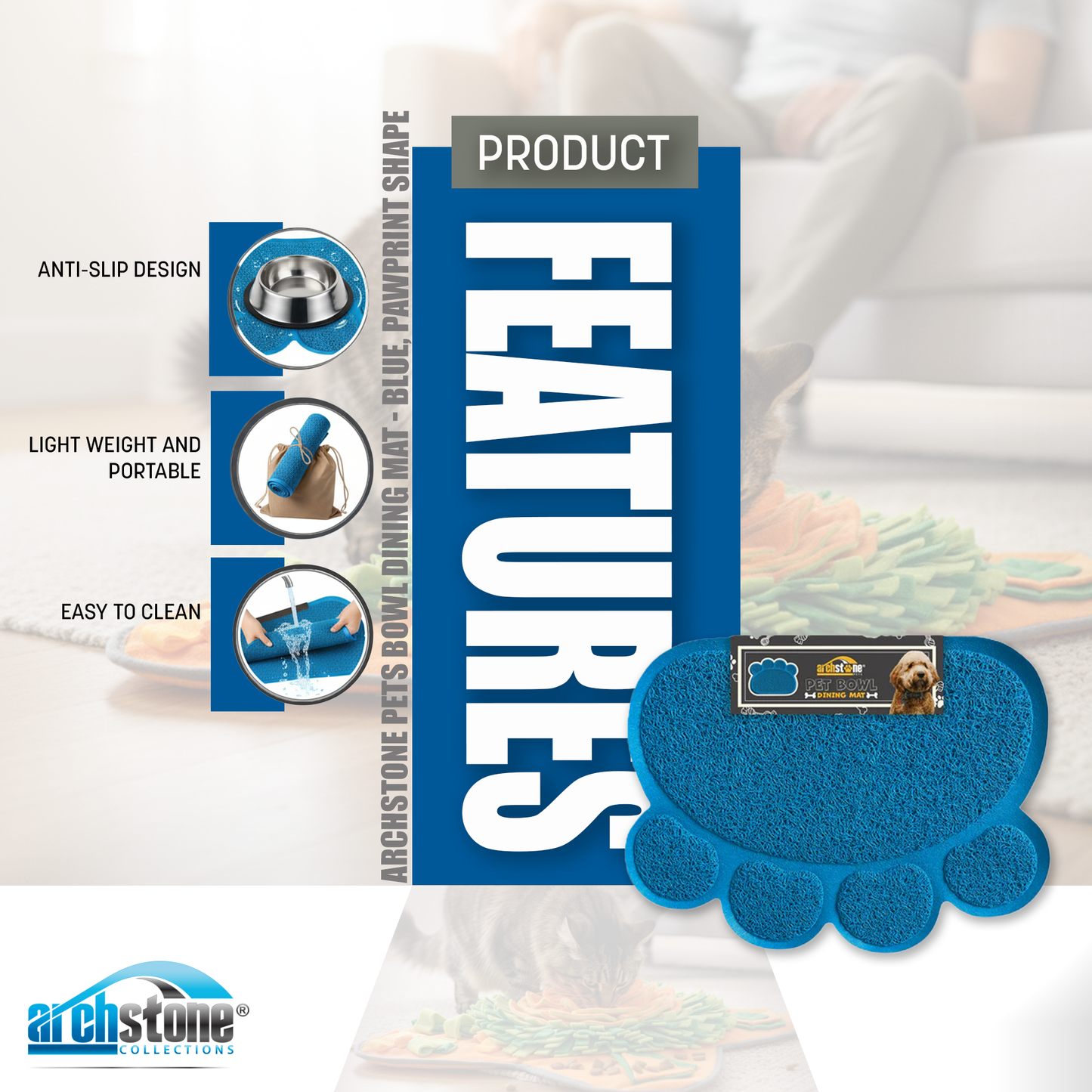 Archstone Pets Bowl Dining Mat - Blue, Pawprint Shape