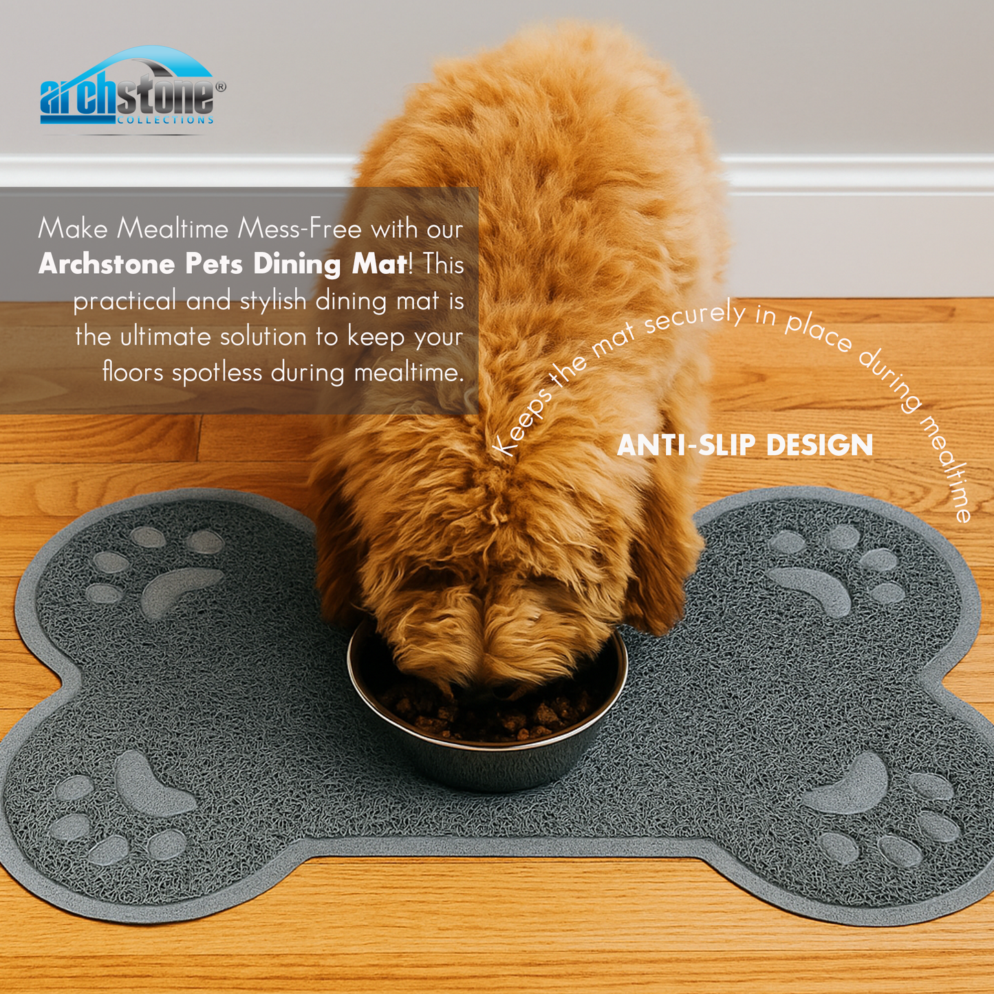 Archstone Pets Bowl Dining Mat - Gray, Bone Shape