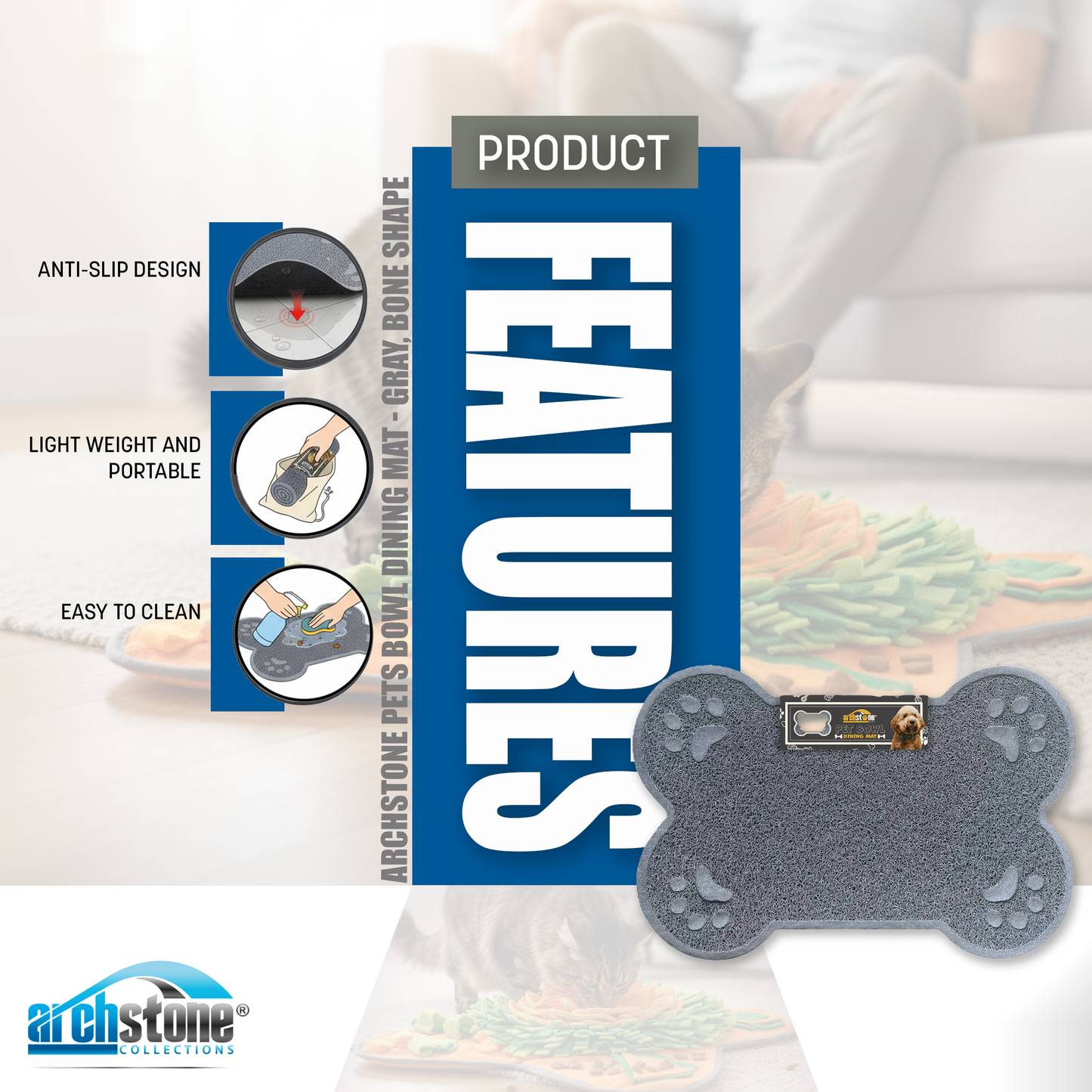 Archstone Pets Bowl Dining Mat - Gray, Bone Shape